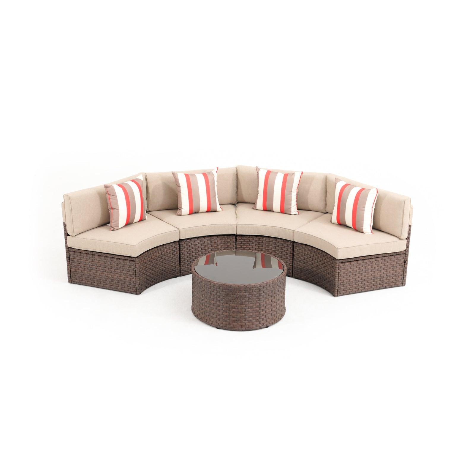 Boboli 5-piece Brown Wicker Curved Sectional Set with beige cushions, 1 Round Glass Table + 4 sectional sofas, front - Jardina Furniture #color_Brown #piece_5-pc.