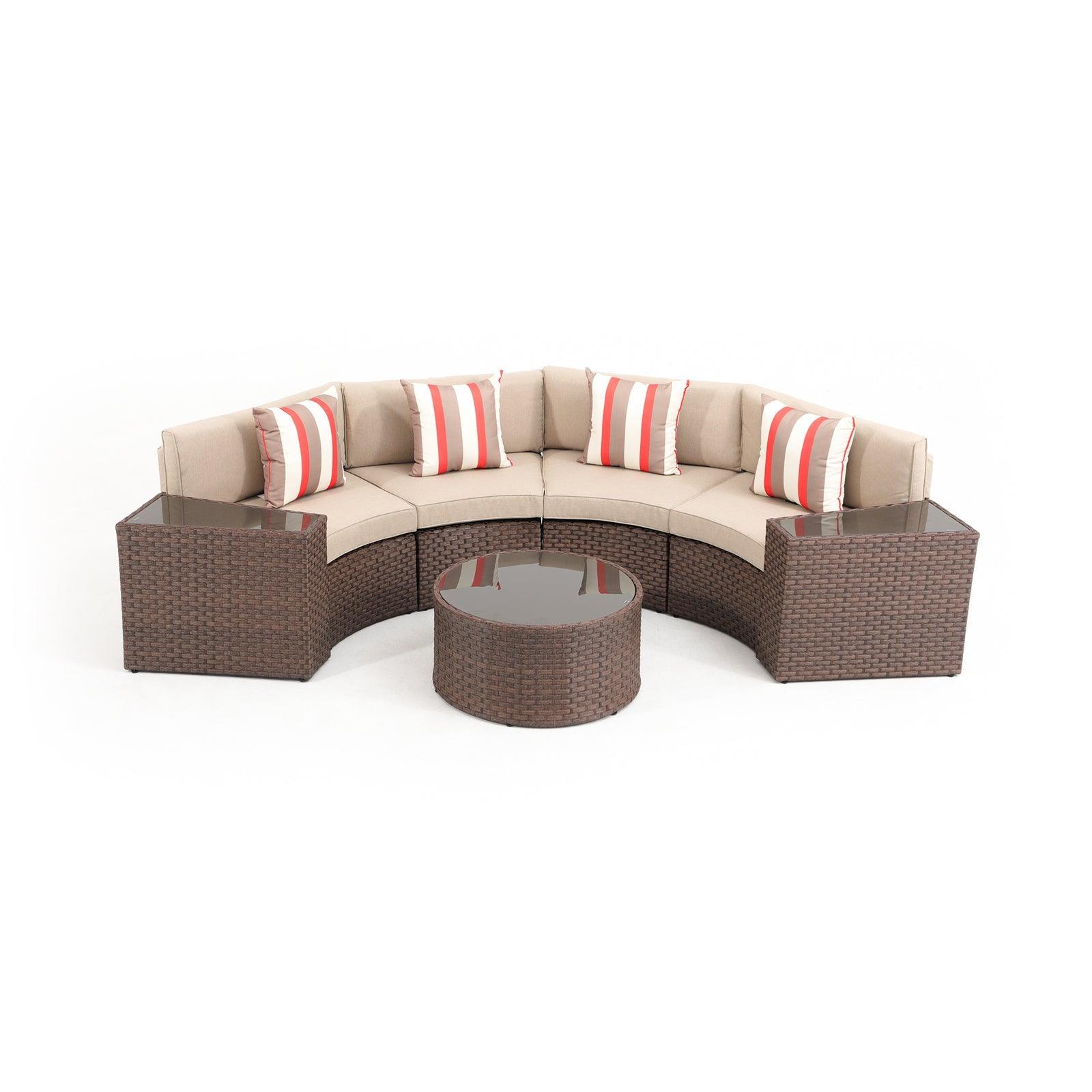 Boboli 7-piece Brown Wicker Curved Sectional Set with beige cushions, 1 Round Glass Coffee Table + 2  glass top side tables + 4 sectional sofas, front - Jardina Furniture #color_Brown #piece_7-pc.