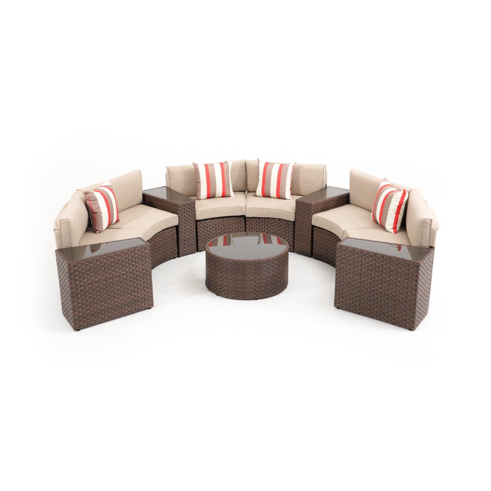 Boboli 11-piece Brown Wicker Curved Sectional Set with beige cushions, 1 Round Glass Coffee Table + 4 glass top side tables + 6 sectional sofas, front - Jardina Furniture #color_Brown #piece_9-pc.