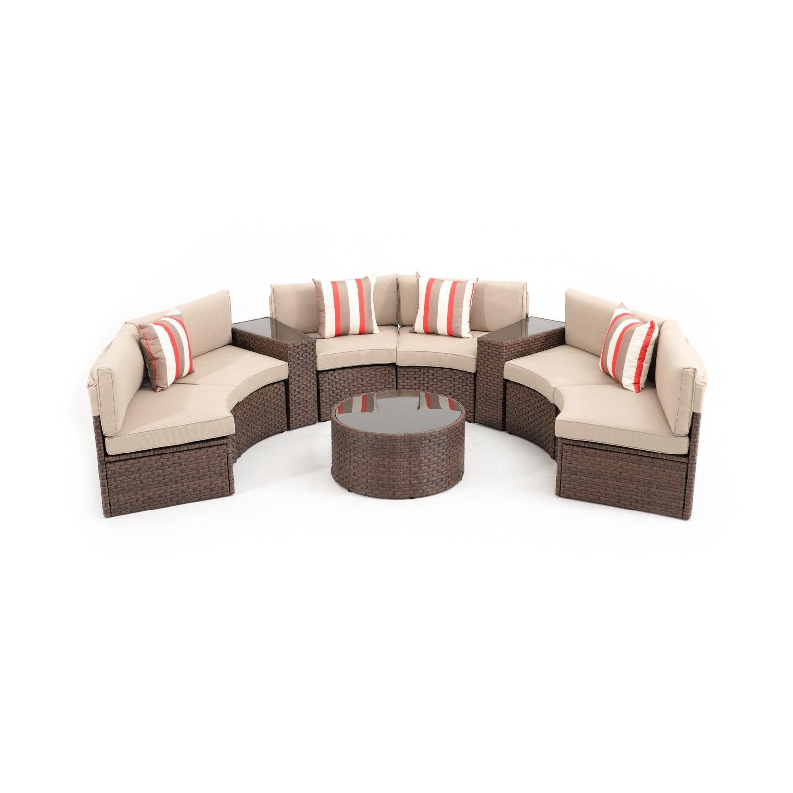 Boboli 9-piece Brown Wicker Curved Sectional Set with beige cushions, 1 Round Glass Coffee Table + 2 glass top side tables + 6 sectional sofas, front - Jardina Furniture #color_Brown #piece_11-pc.