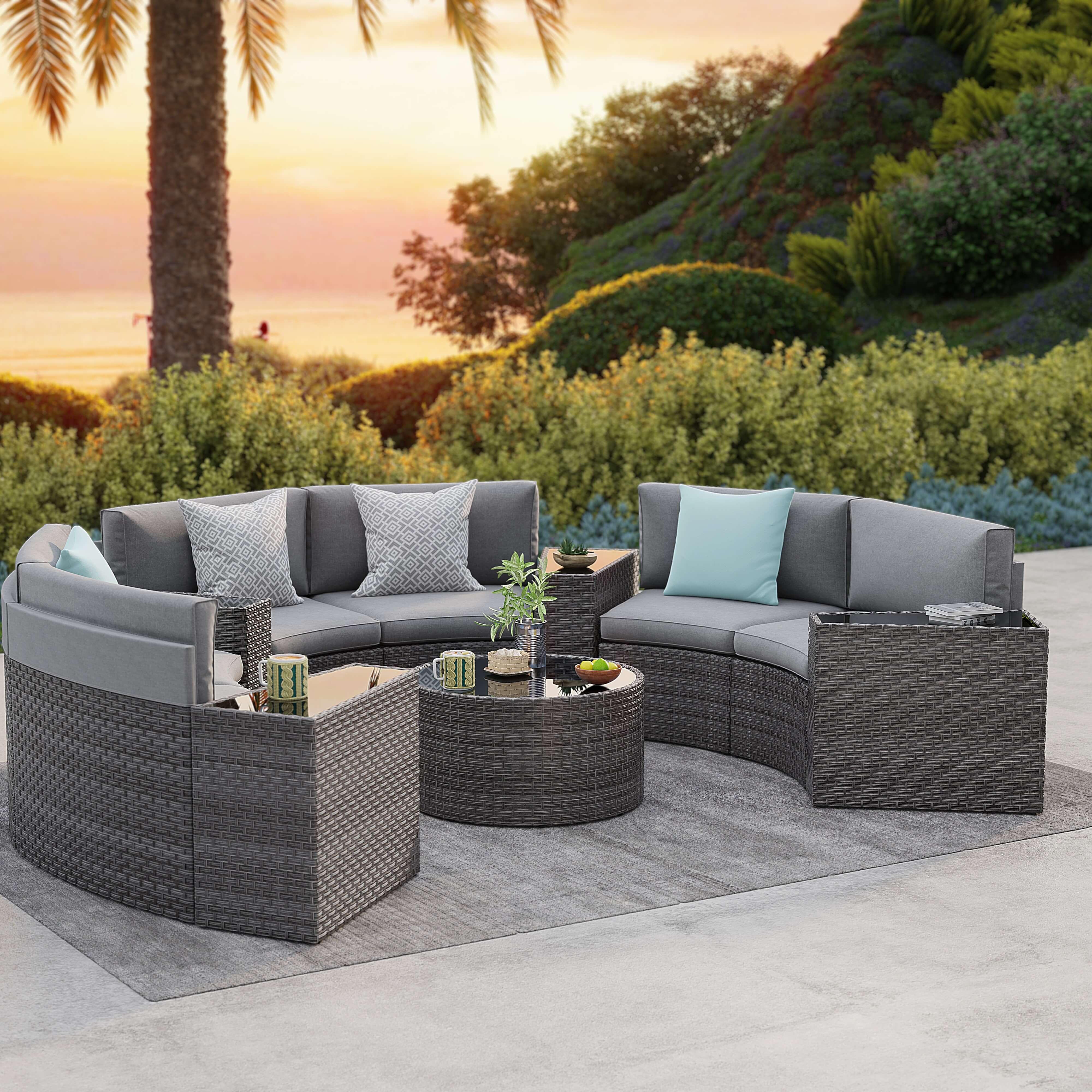 Boboli Wicker Outdoor Curved Sectional Sofa Set w Round Glass Top Coffee Table