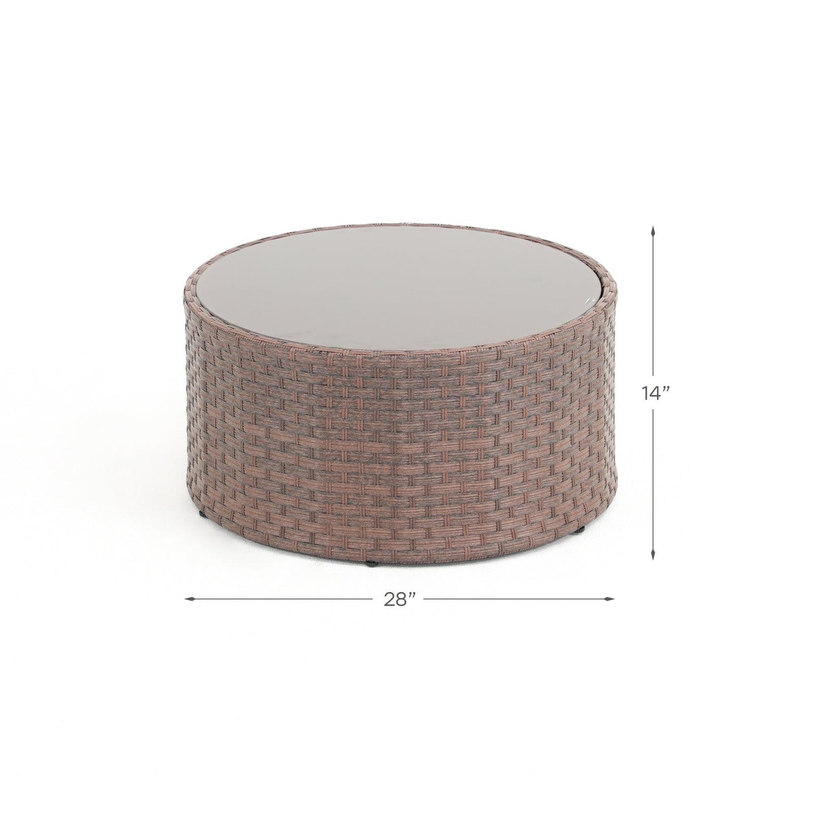 Boboli Outdoor Wicker Brown Round Glass Table, dimension - Jardina Furniture #color_Brown