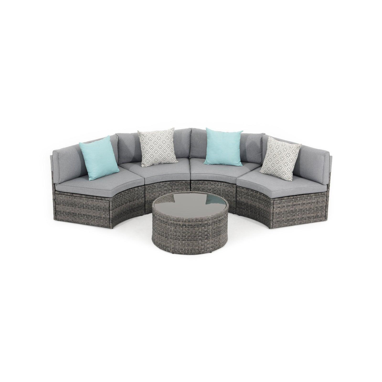 Boboli 5-piece Grey Wicker Curved Sectional Set with grey cushions, 1 Round Glass Table, 4 sectional sofas, front- Jardina Furniture #color_Grey #piece_5-pc.