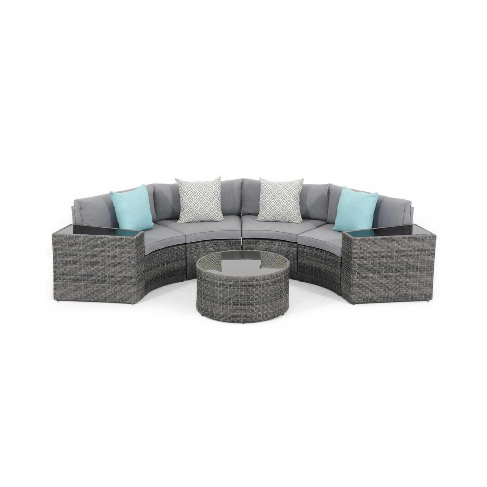 Boboli 7-piece Grey Wicker Curved Sectional Set with grey cushions, 1 Round Glass Table + 2 glass top side tables + 4 sectional sofas, front- Jardina Furniture #color_Grey #piece_7-pc.