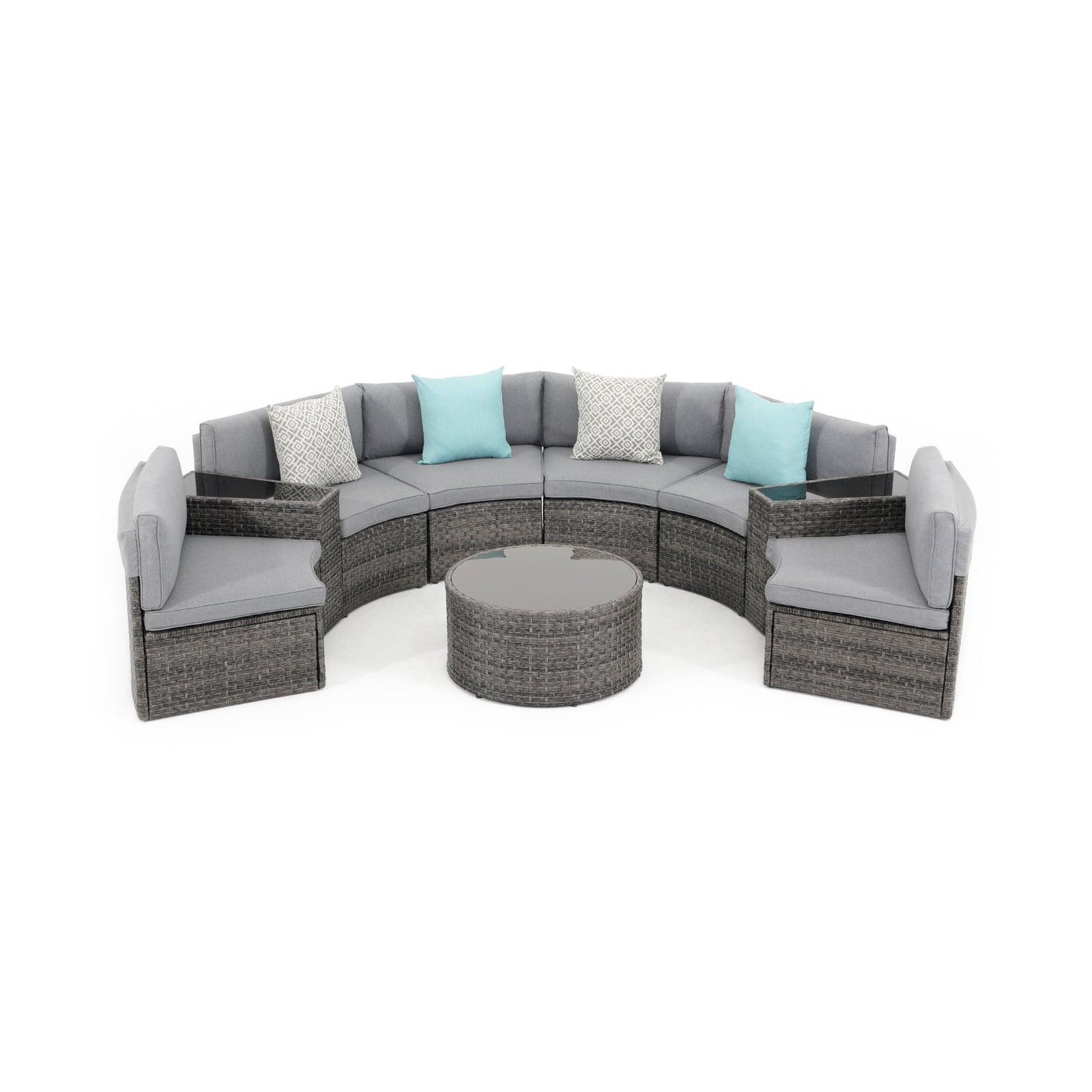 Boboli 9-piece Grey Wicker Curved Sectional Set with grey cushions, 1 Round Glass Table + 2 glass top side tables + 6 sectional sofas, front- Jardina Furniture #color_Grey #piece_9-pc.