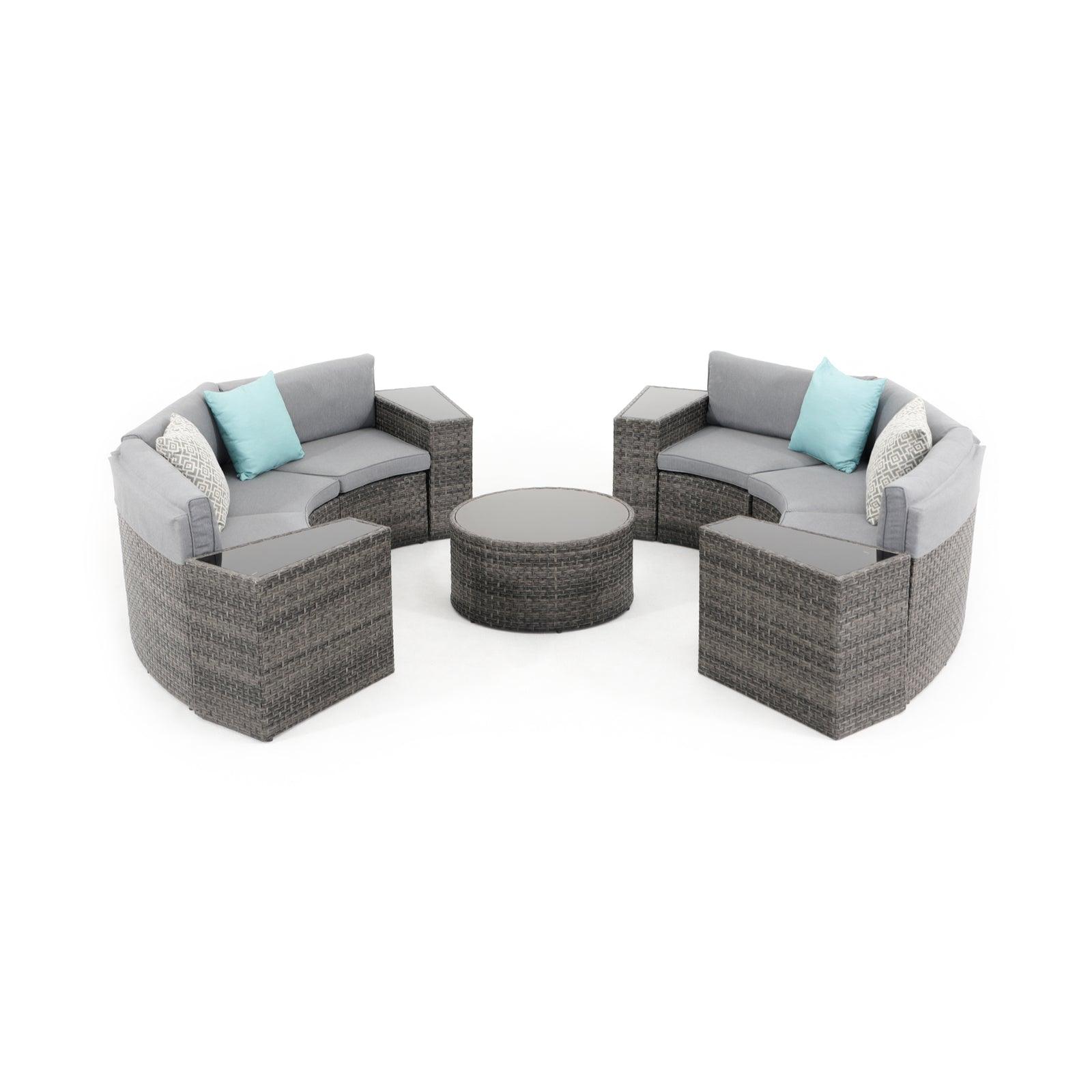 Boboli 11-piece Grey Outdoor Wicker Curved Sectional Set with grey cushions, 1 Round Glass Table, 4 coffee tables, 6 sectional sofas, different combination way - Jardina Furniture #color_Grey #piece_11-pc.