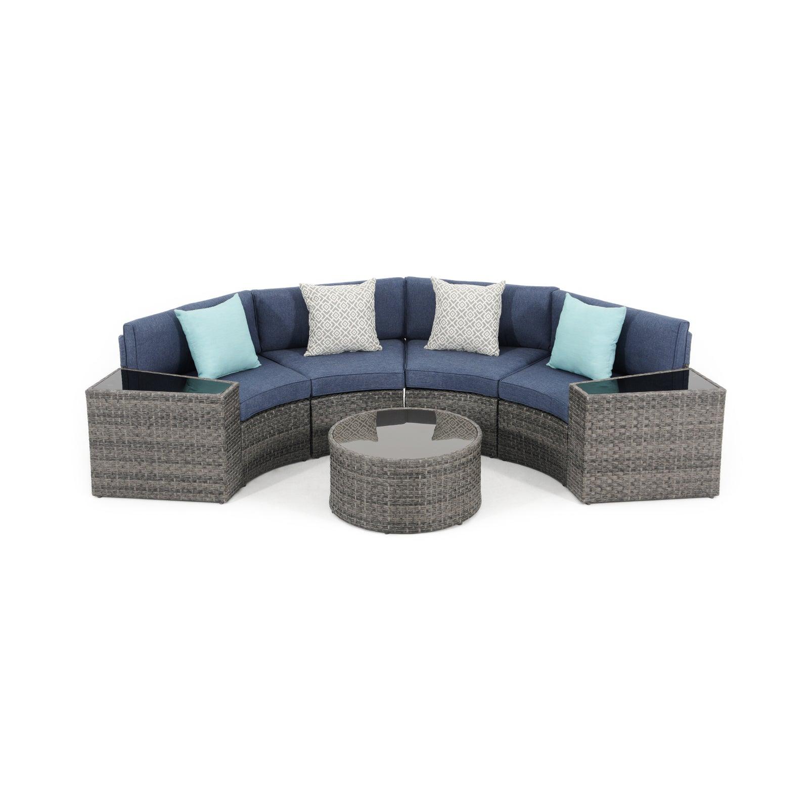 Boboli 7-piece Grey Wicker Curved Sectional Set with navy blue cushions, 1 Round Glass Table + 2 glass top side tables + 4 sectional sofas, front- Jardina Furniture #color_Navy Blue #piece_7-pc.