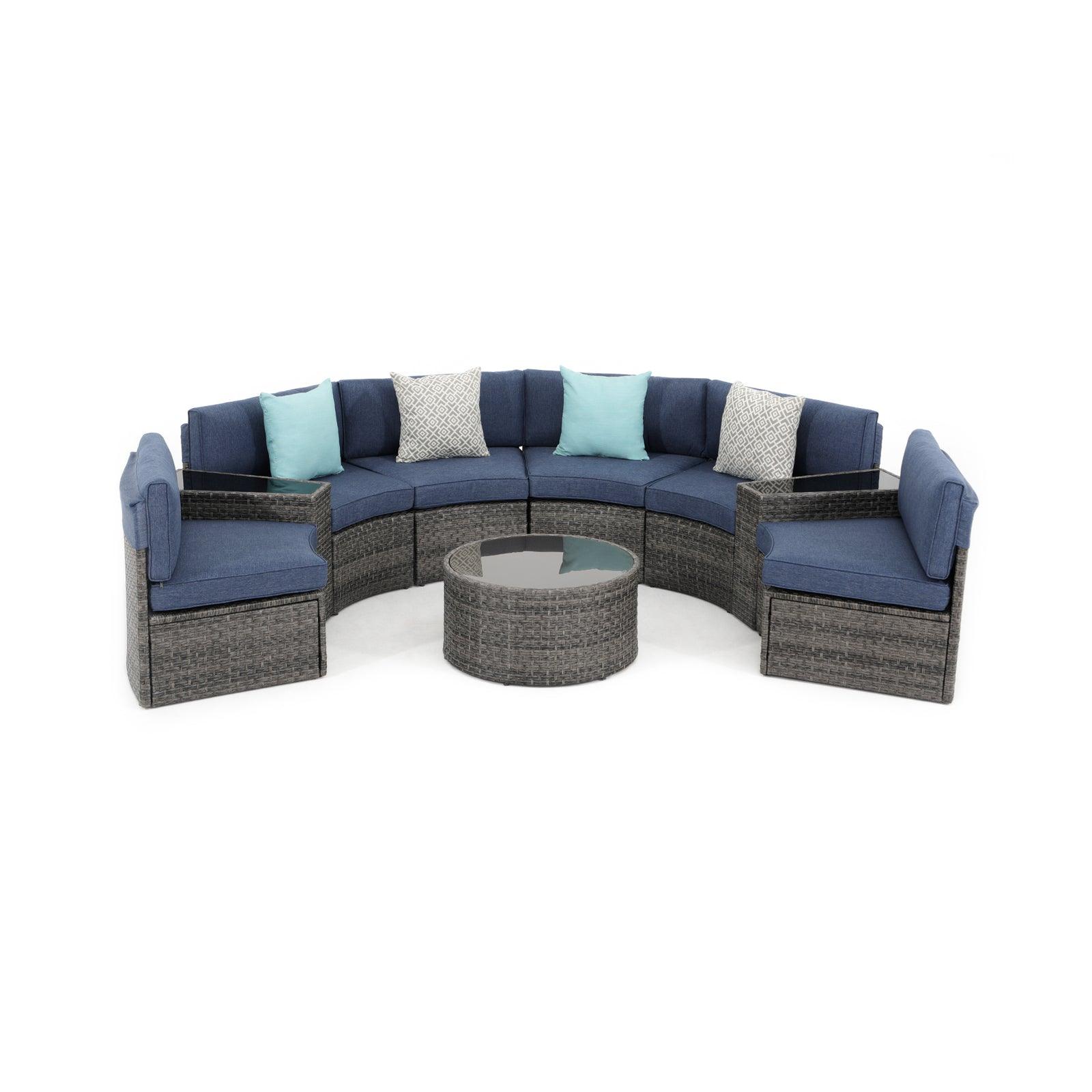 Boboli 9-piece Grey Wicker Curved Sectional Set with navy blue cushions, 1 Round Glass Table + 2 glass top side tables + 6 sectional sofas, front- Jardina Furniture #color_Navy Blue #piece_9-pc.