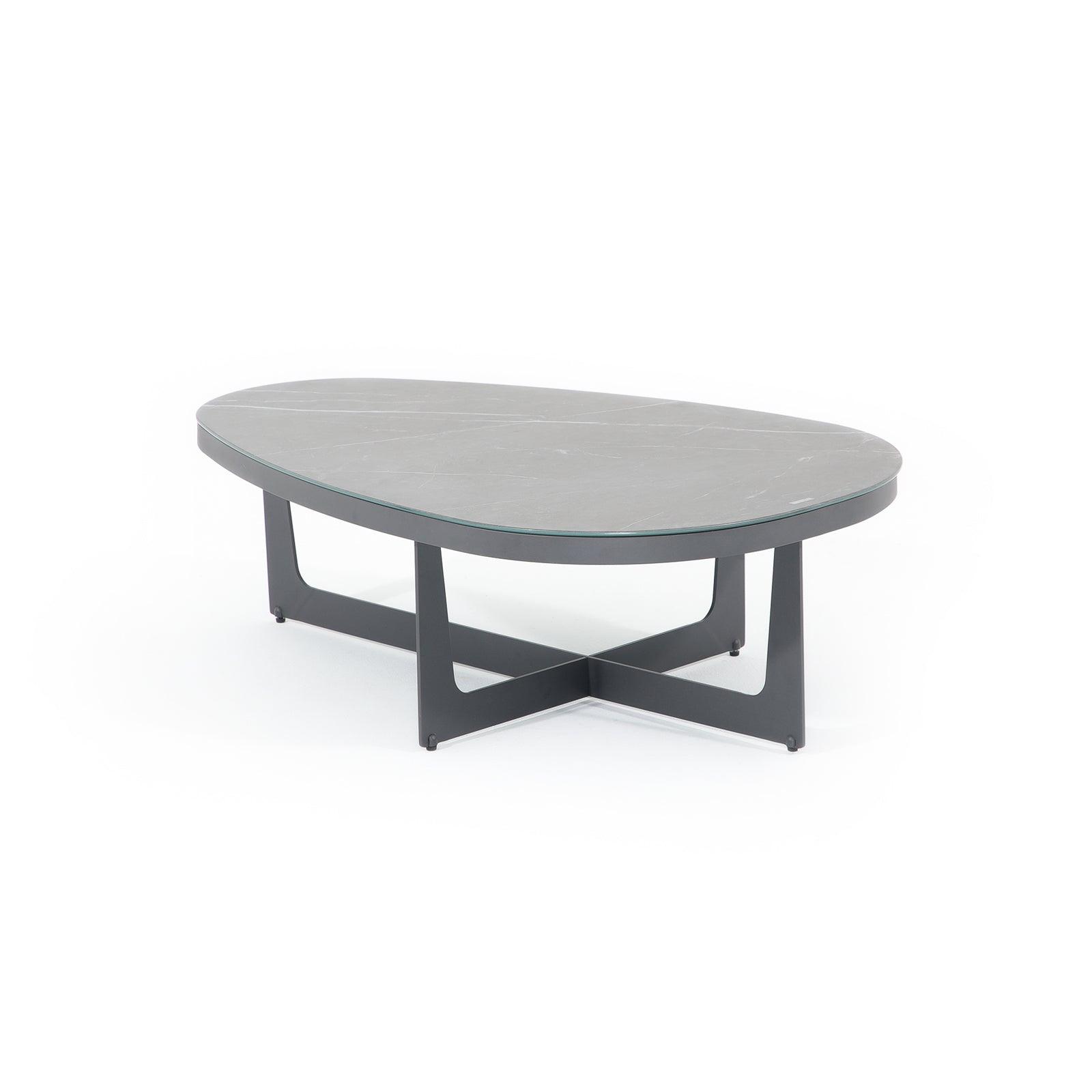 Burano Grey outdoor aluminum large coffee table with glass top, irregular shape, right- Jardina Furniture