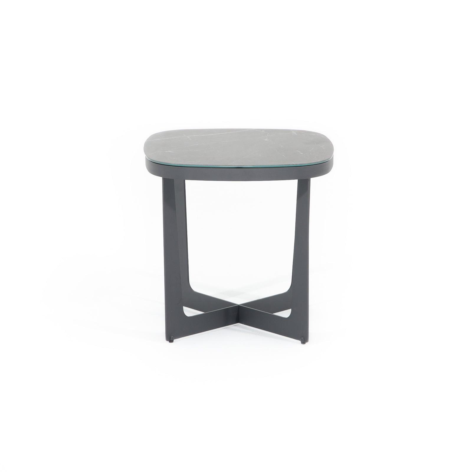 Burano Grey outdoor small side table with aluminum frame, glass top, front view- Jardina Furniture