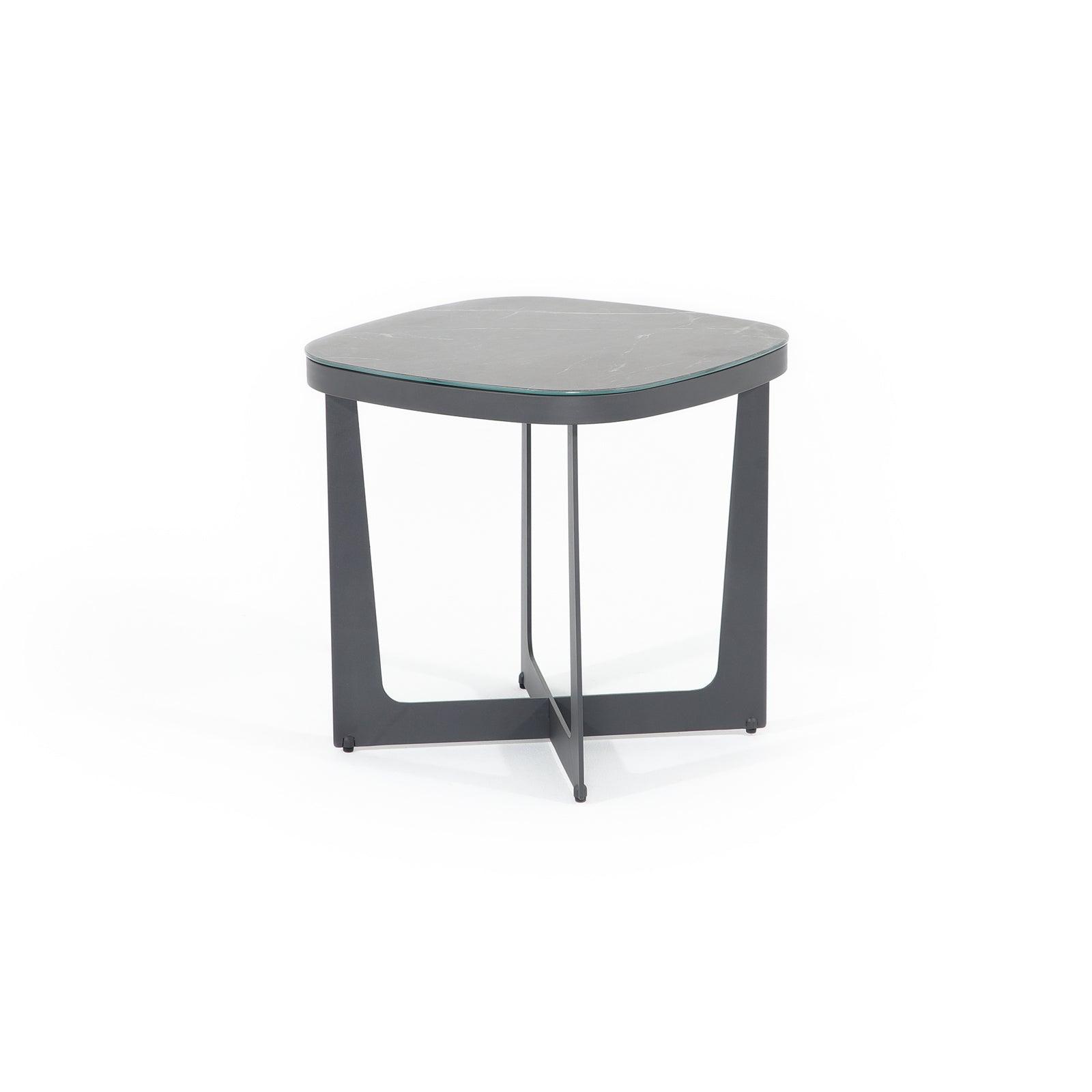 Burano Grey outdoor small side table with aluminum frame, glass top, right angle view- Jardina Furniture