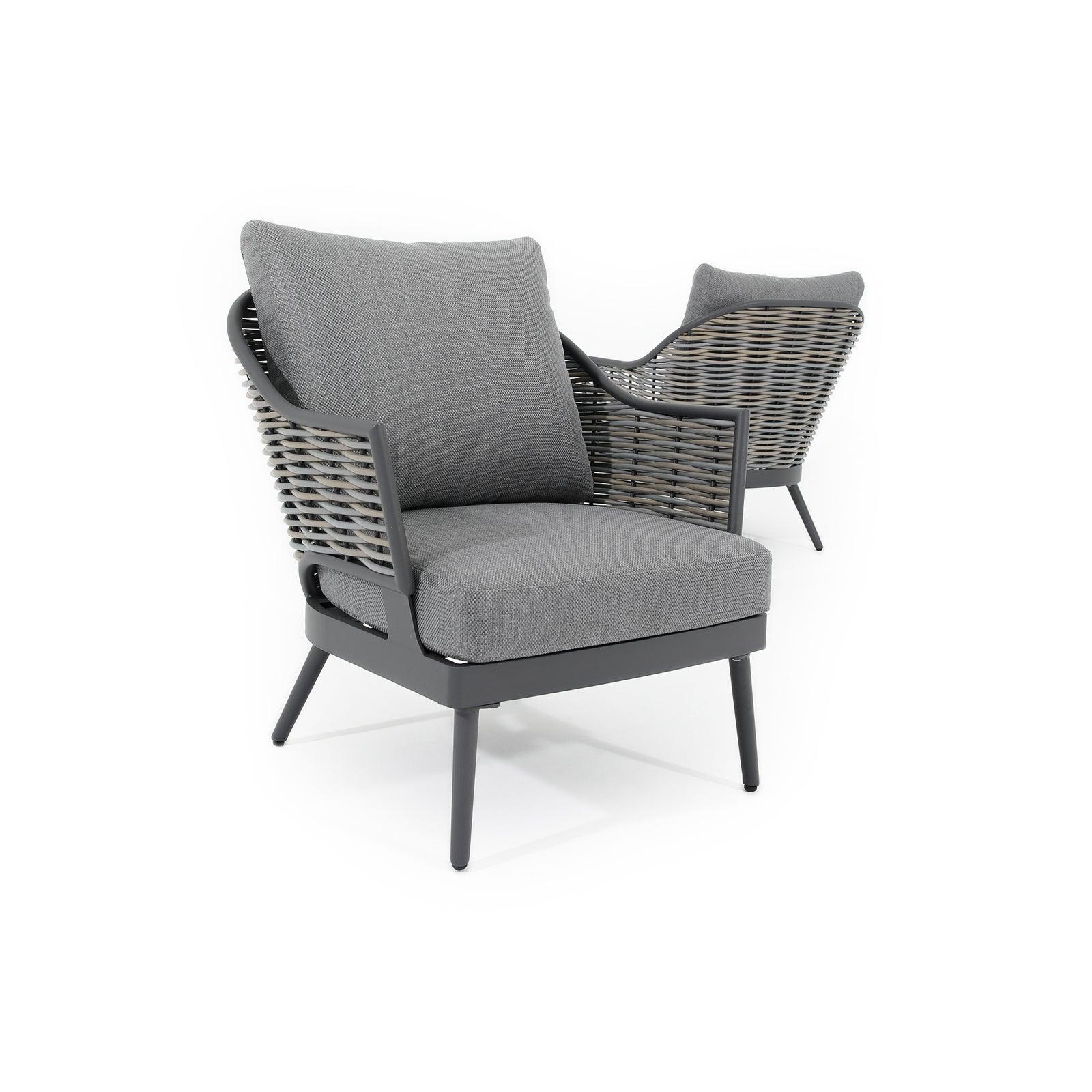 Burano Grey wicker outdoor armchairs with aluminum frame, grey cushions, one for left view, one for back view - Jardina Furniture