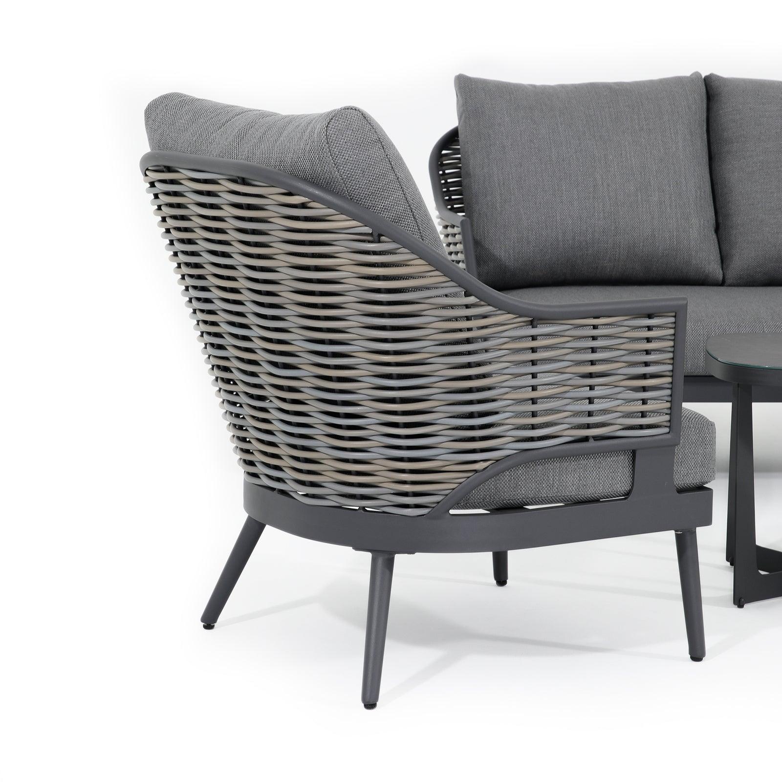 Burano Grey wicker outdoor arm chair with aluminum frame, grey cushions, wicker detail - Jardina Furniture