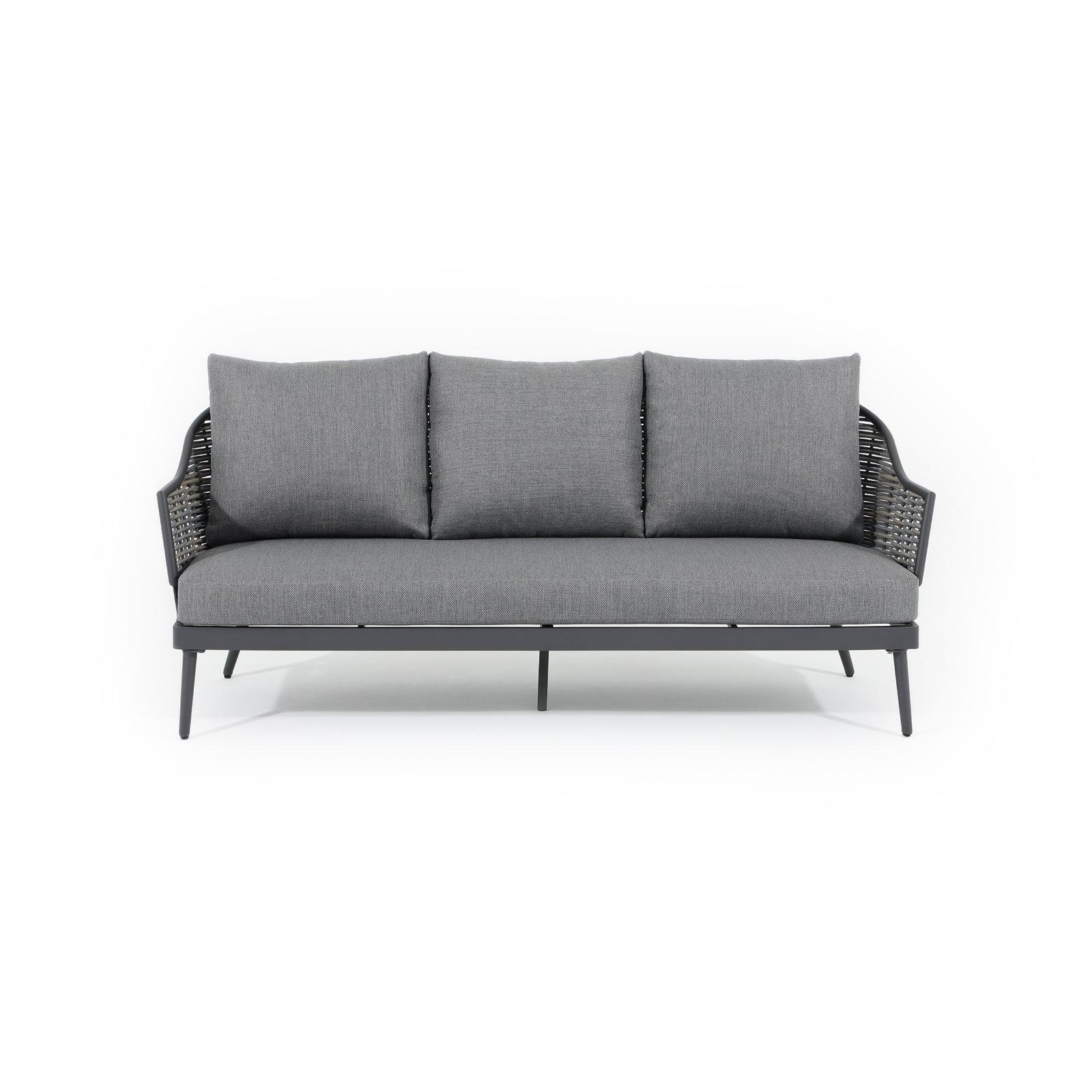 Burano Grey wicker outdoor Sofa with aluminum frame, grey cushions, 3 seat, front - Jardina Furniture