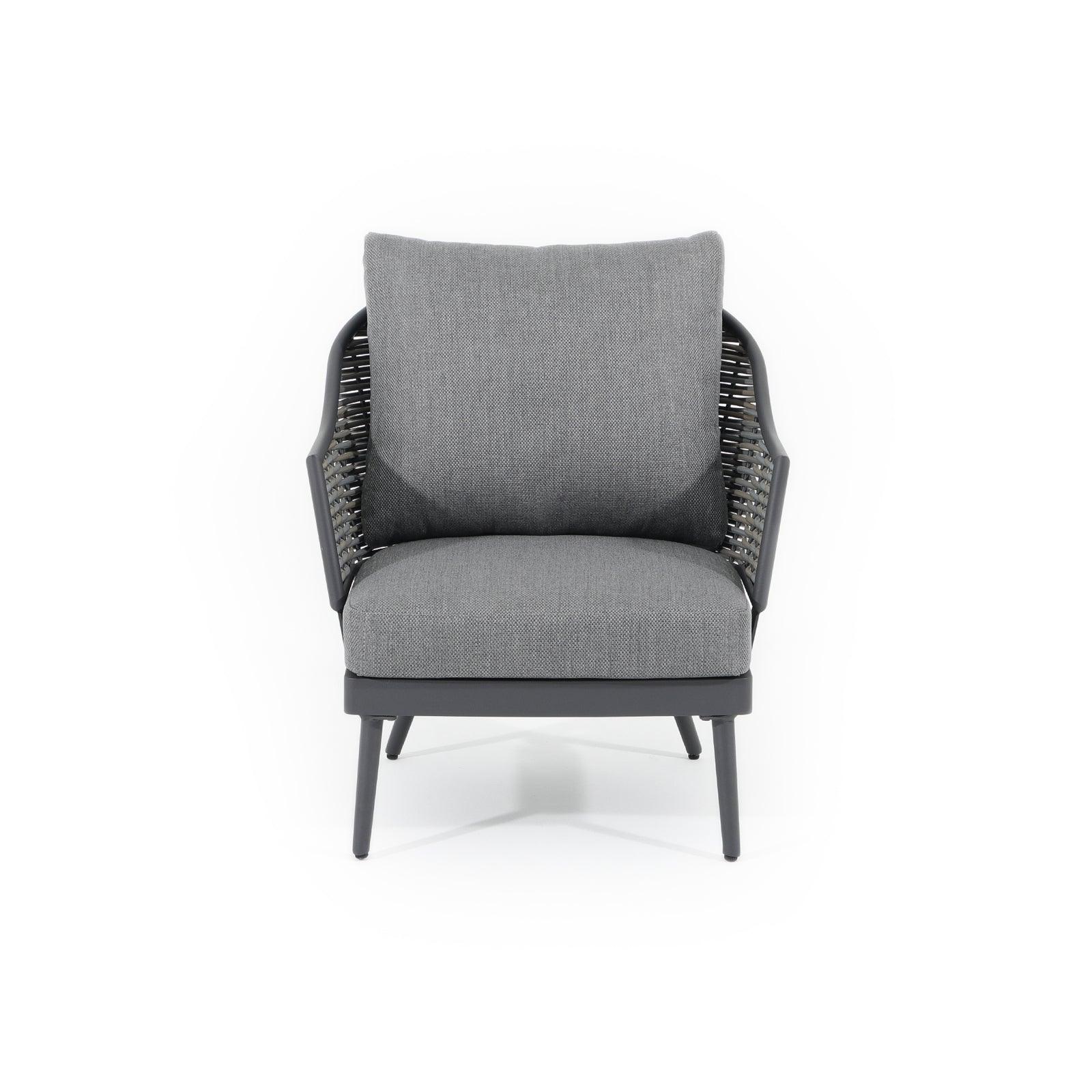 Burano Grey wicker outdoor arm chair with aluminum frame, grey cushions, 1 seat, front - Jardina Furniture
