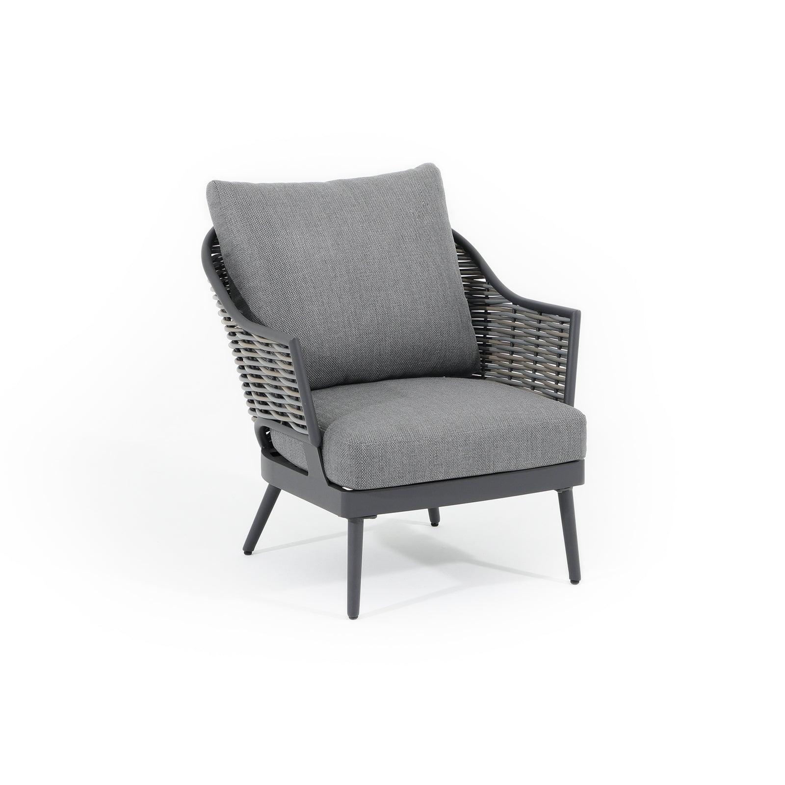 Burano Grey wicker outdoor arm chair with aluminum frame, grey cushions, 1 seat, right - Jardina Furniture