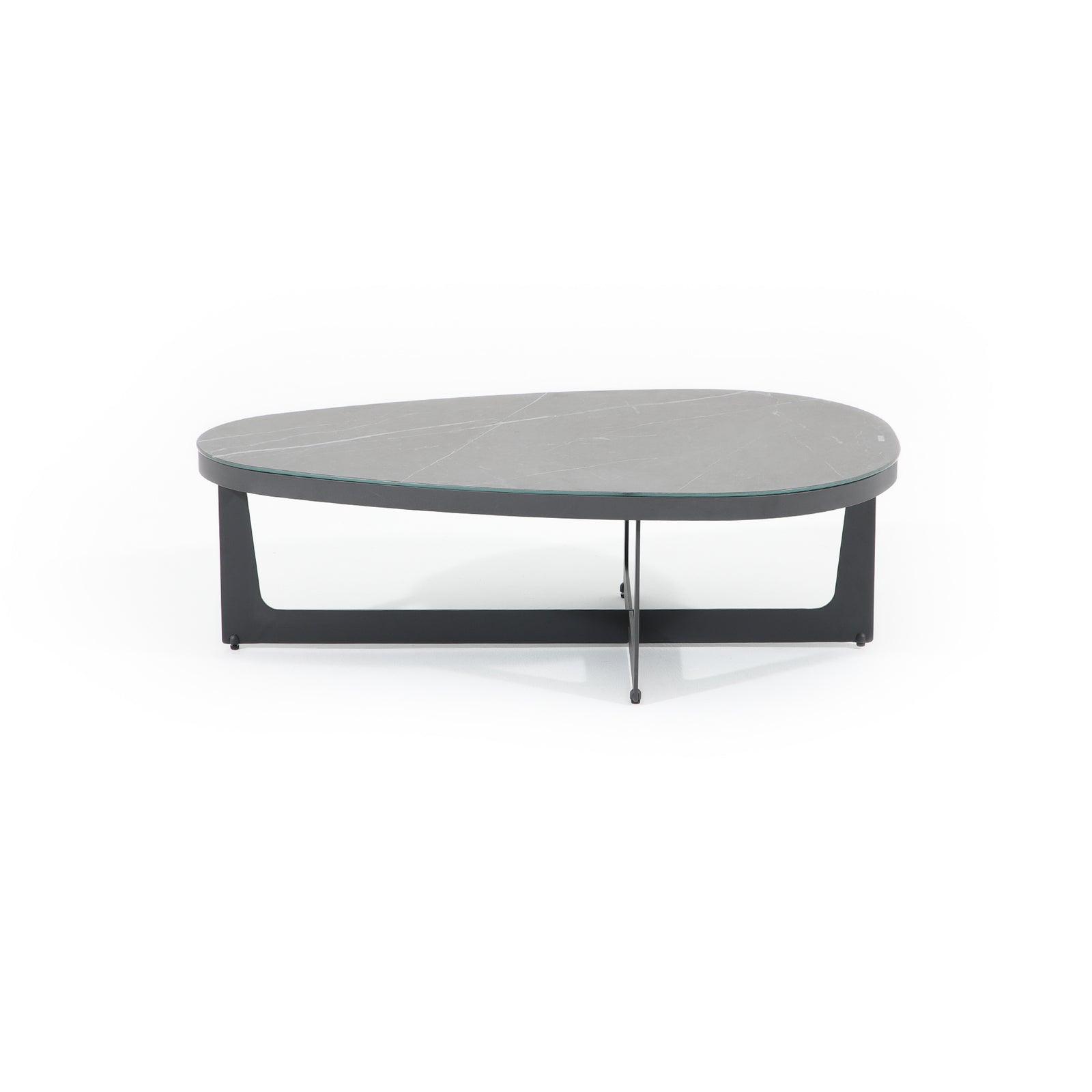 Burano Grey outdoor aluminum large coffee table with glass top, irregular shape, front view- Jardina Furniture