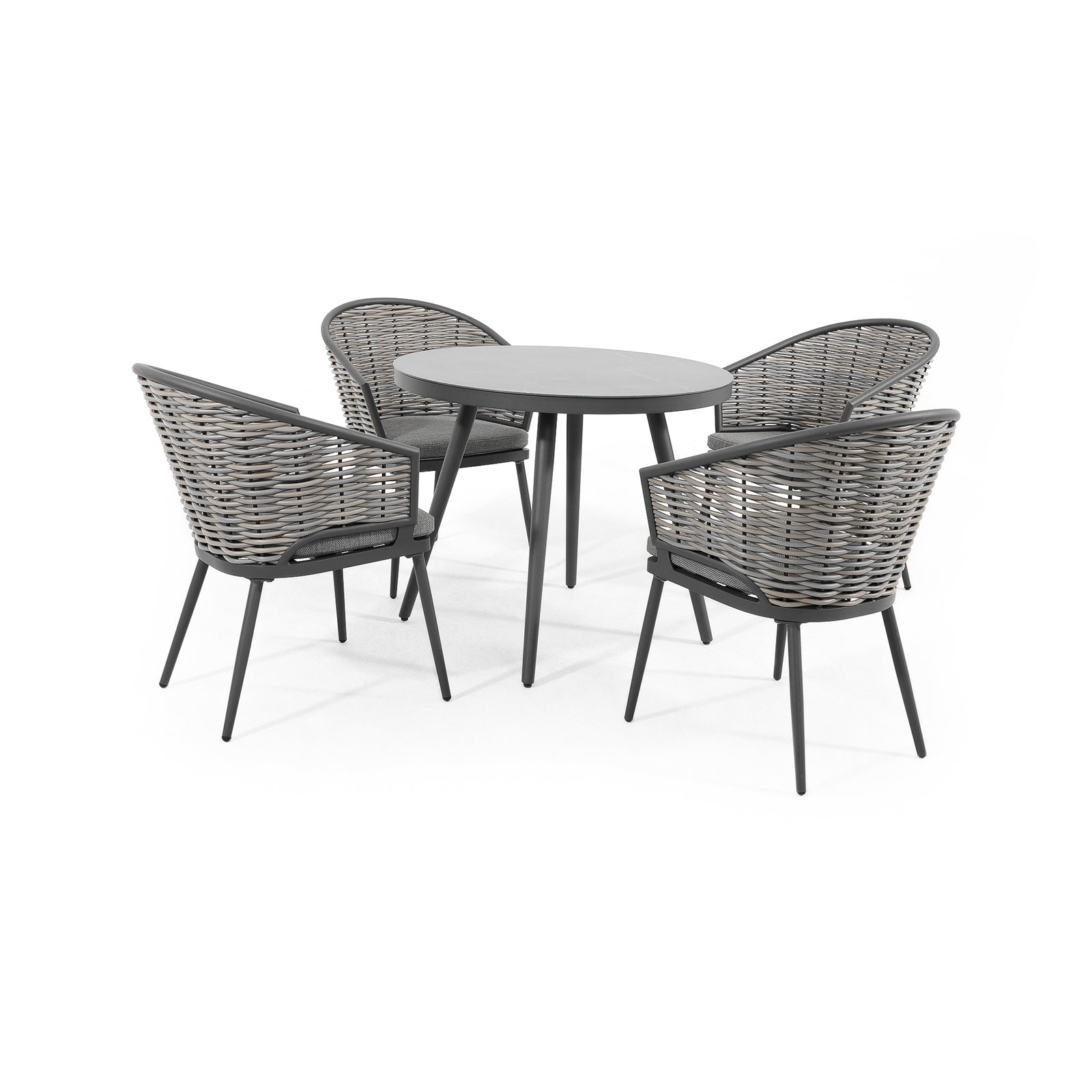 Burano Modern HDPE Wicker Outdoor Furniture, Grey wicker outdoor Dining Set with aluminum frame, 4 wicker chairs with grey cushions , 1 Round aluminum Dining Table - Jardina Furniture