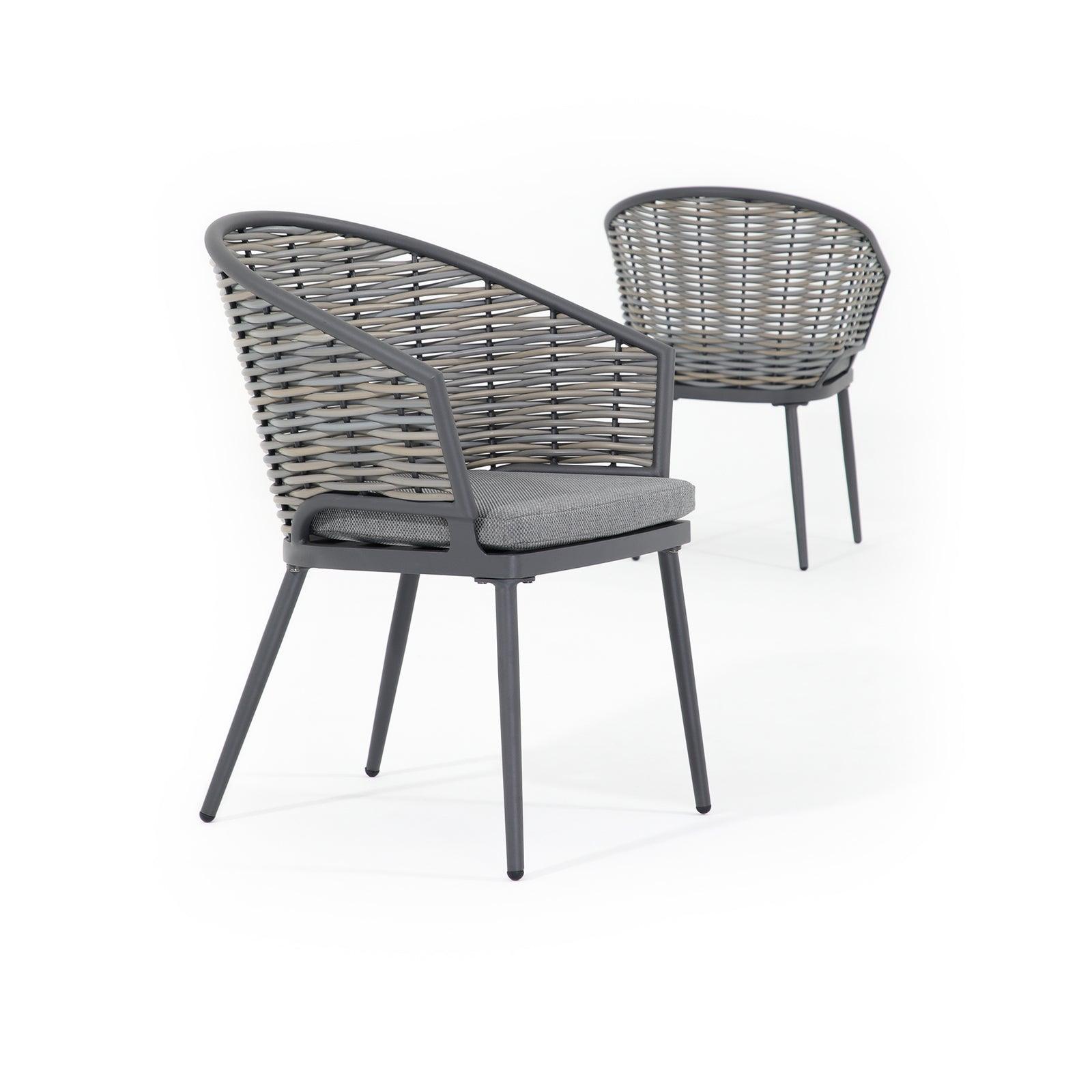Burano Grey wicker outdoor Dining chairs with aluminum frame, grey cushions, right and back angles- Jardina Furniture #Pieces_2-pc.