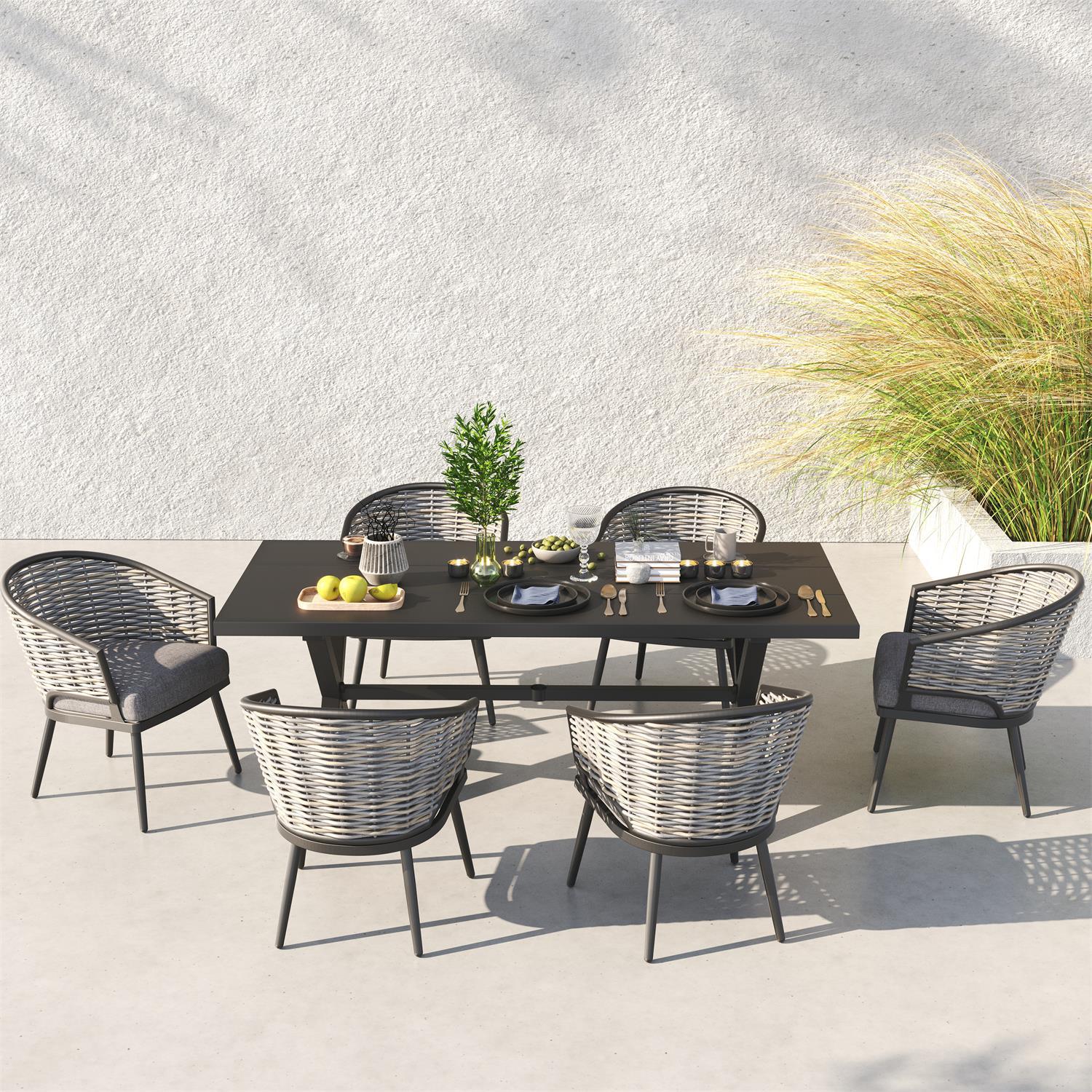 Burano Grey wicker outdoor Dining Set with aluminum frame, grey cushions, 6 chairs , 1 X-Shaped Table - Jardina Furniture - 2