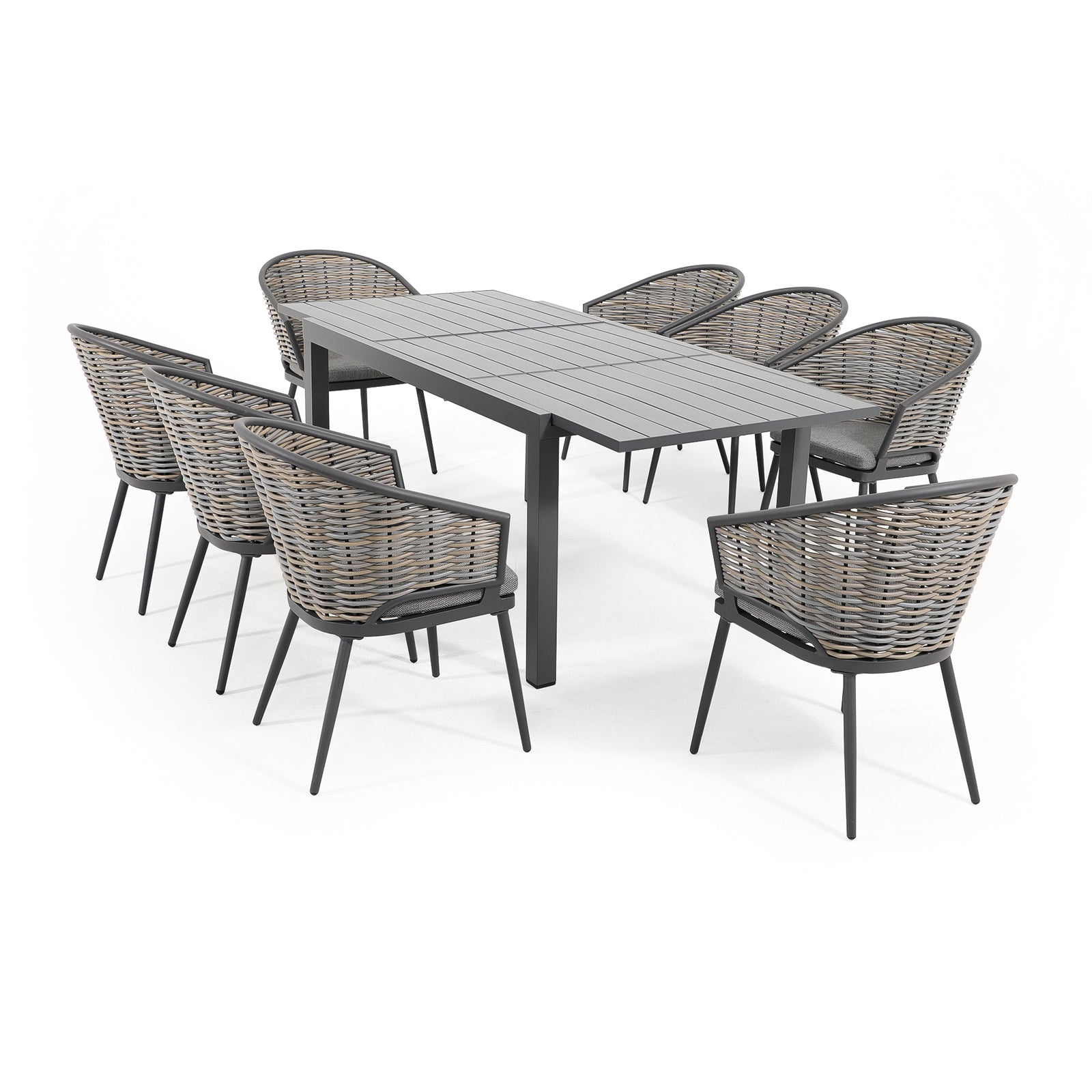 Burano Modern HDPE Wicker Outdoor Furniture, Grey wicker outdoor Dining Set with aluminum frame, 8 chairs with grey cushions, 1 aluminum extendable rectangle dining Table, white background - Jardina Furniture#Piece_9-pc.
