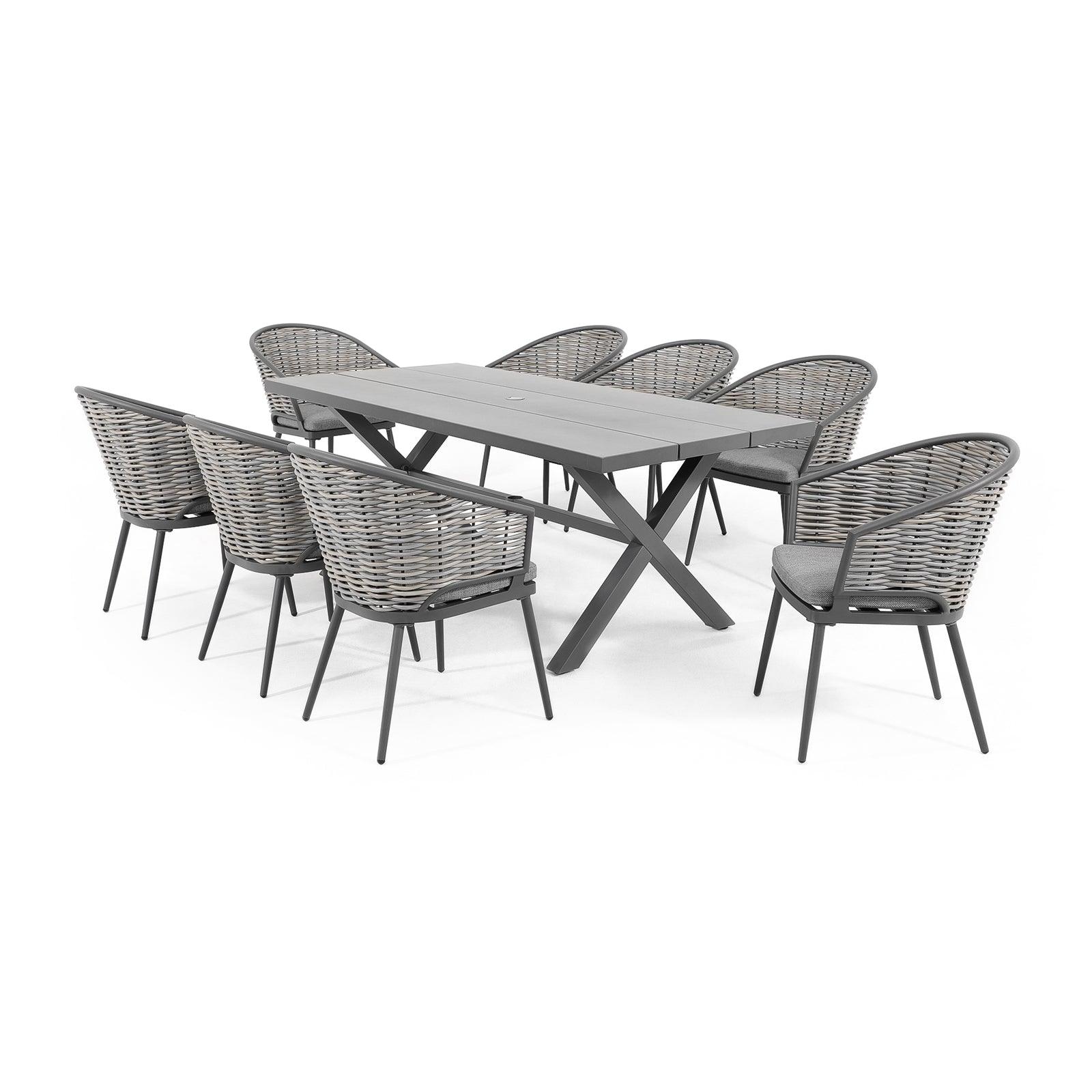 Burano Modern HDPE Wicker Outdoor Furniture, Grey wicker outdoor Dining Set with aluminum frame, 8 chairs with grey cushions, 1 aluminum X-Shaped rectangle dining Table - Jardina Furniture