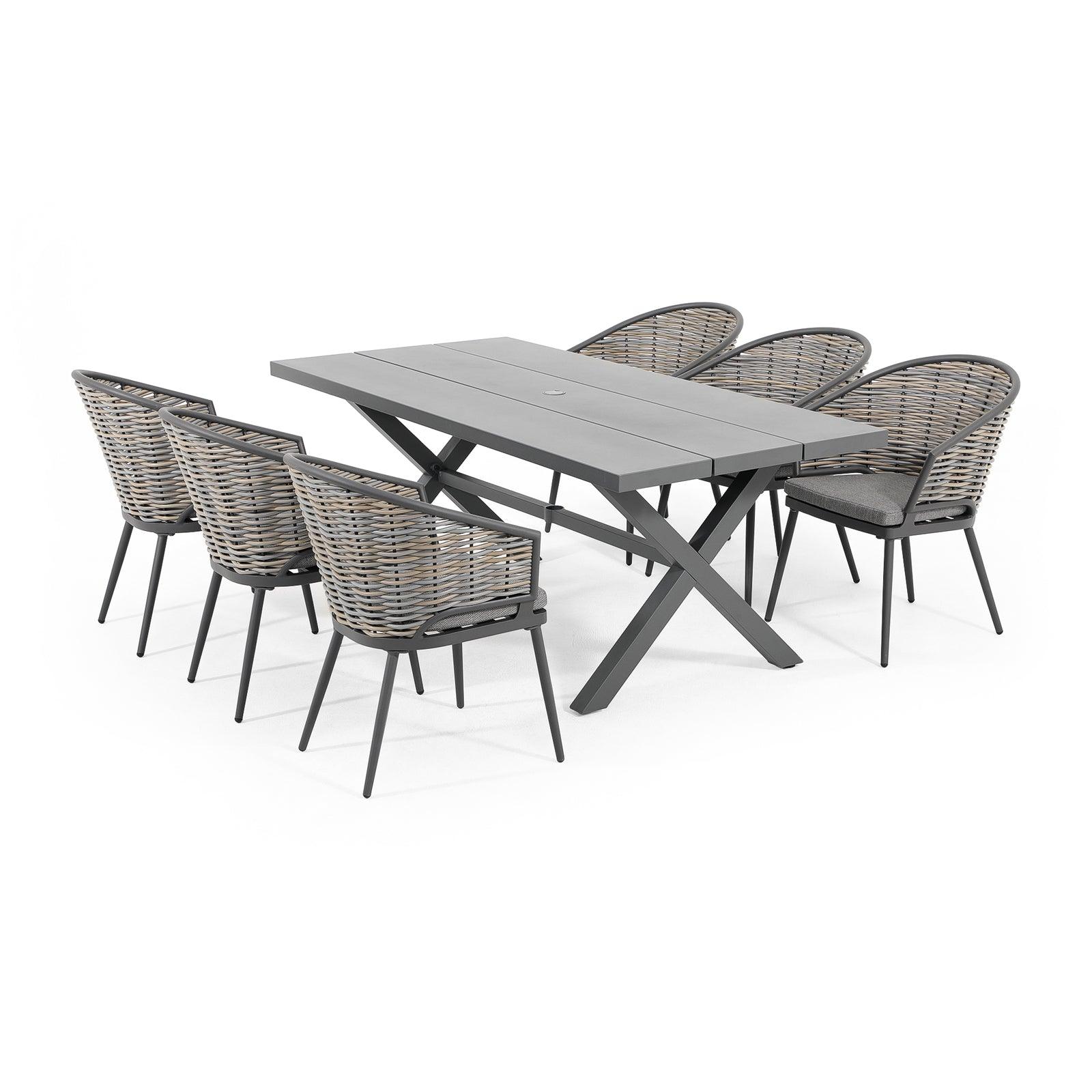 Burano Grey 6-person Outdoor Dining Set with aluminum frame, 6 dining chairs with grey cushions, 1 aluminum X-Shaped rectangle dining Table, white background - Jardina Furniture #Pieces_7-pc.