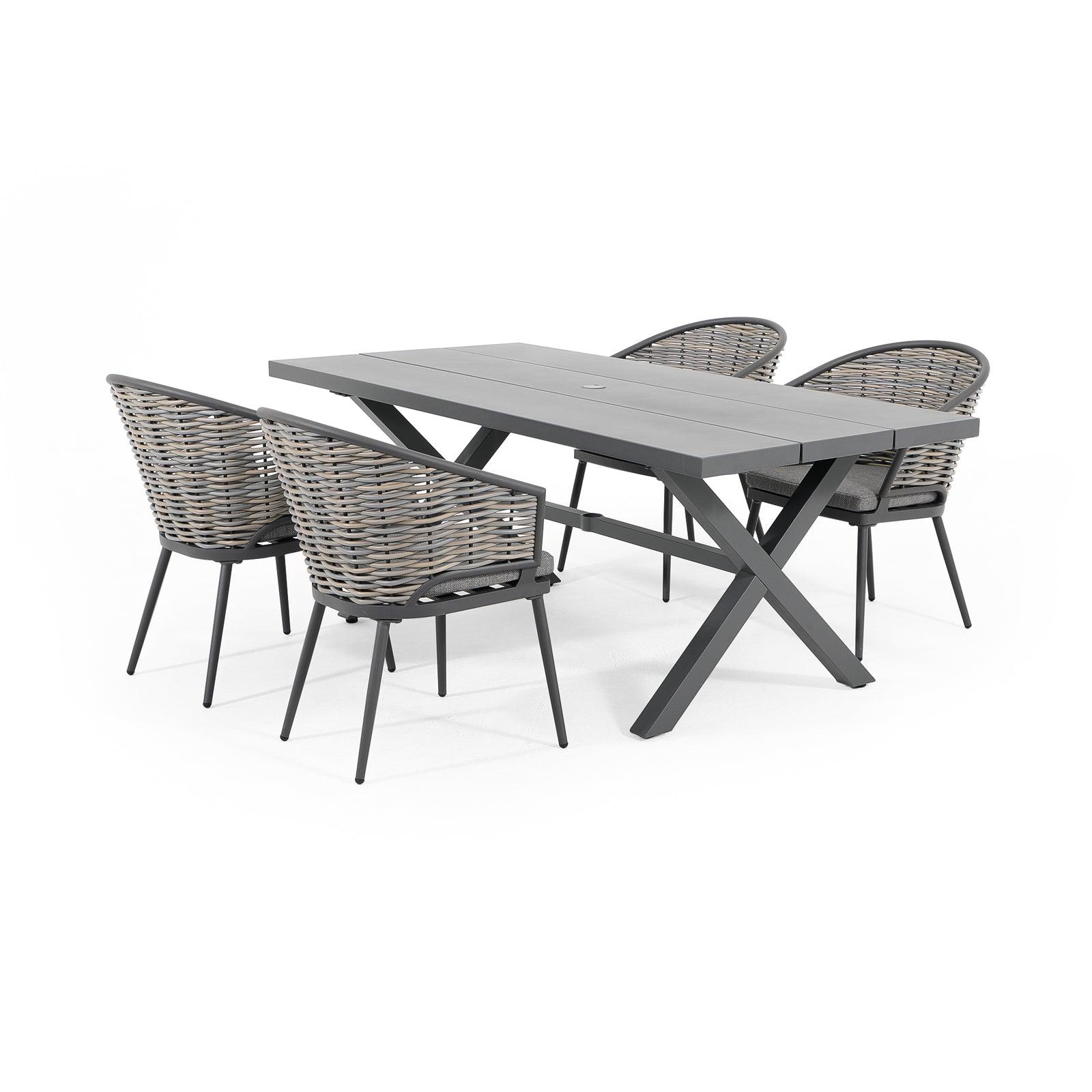 Burano Grey Outdoor Dining Set with aluminum frame, 4 dining chairs with grey cushions, 1 aluminum X-Shaped rectangle dining Table, white background - Jardina Furniture  #Pieces_5-pc.