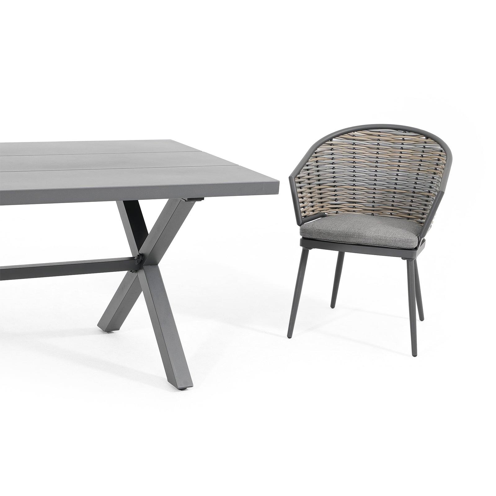Burano Grey wicker outdoor Dining seat with aluminum frame, grey cushions, left - Jardina Furniture