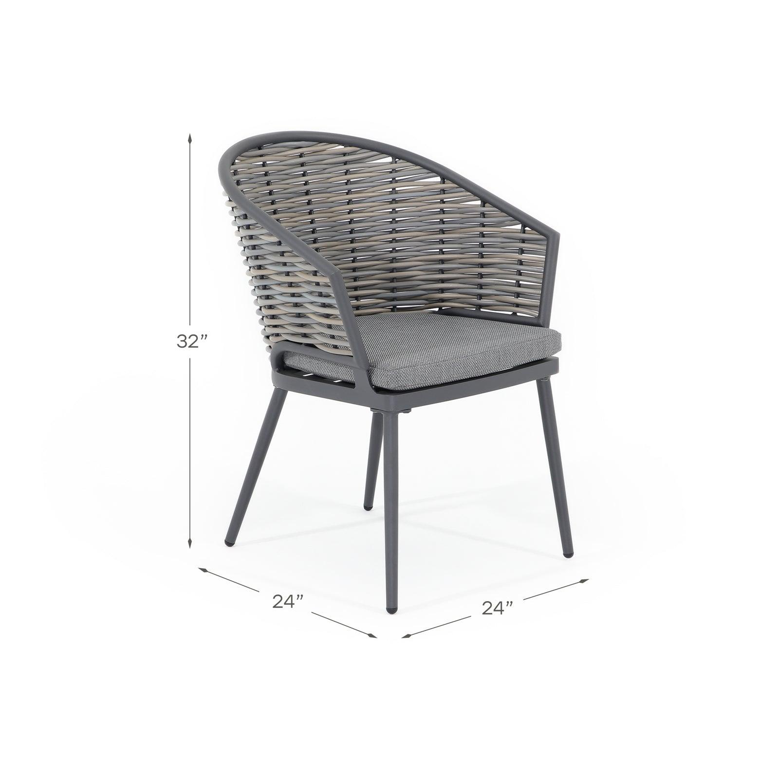 Burano Grey wicker outdoor Dining chair with aluminum frame, grey cushions, Dimension - Jardina Furniture