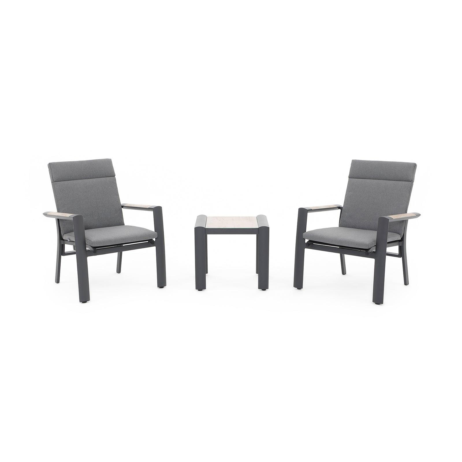 Capri Modern Aluminum Outdoor Furniture, 3-Piece grey adjustable outdoor Chair Set, grey cushions, 1 table, 2 arm chairs, white background - Jardina Furniture