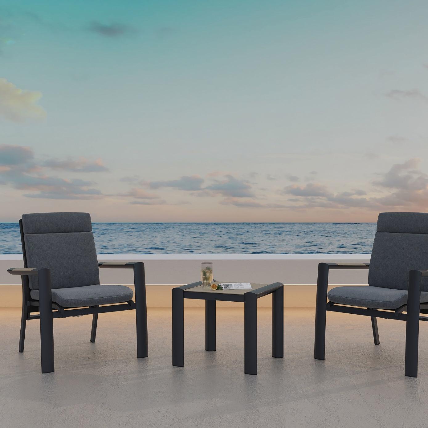 Capri Modern Aluminum Outdoor Furniture, 3-Piece grey adjustable outdoor Chair Set, grey cushions, 1 table, 2 armchairs, seaside- Jardina Furniture