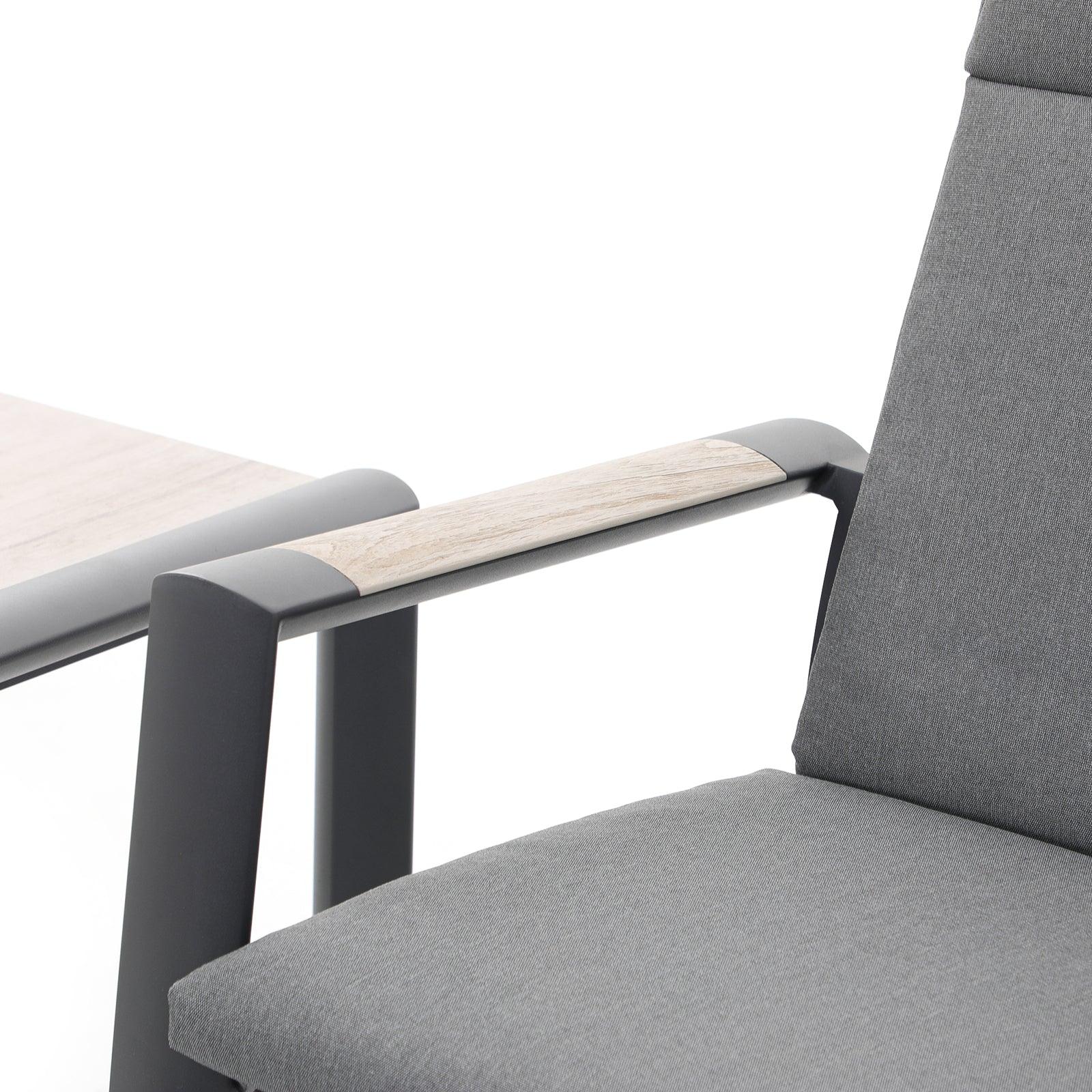 Capri grey aluminum armchair detail, embedded teak in the armrest- Jardina Furniture