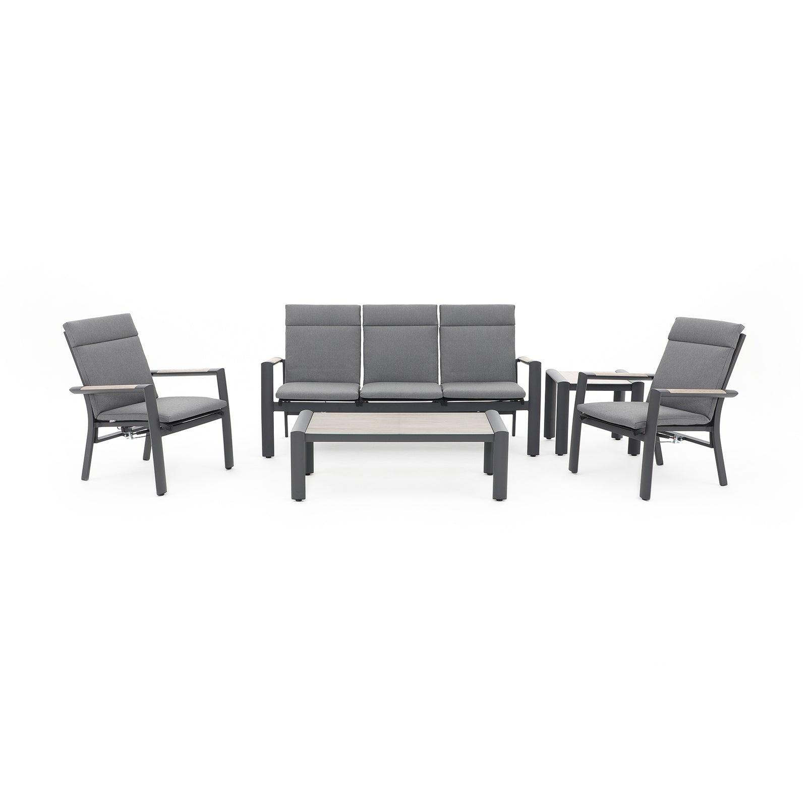 Capri 5-Piece grey aluminum outdoor conversation set with grey cushions, 1 three-seater sofa with adjustable backrest, 2 armchairs with adjustable backrest, 1 rectangle coffee table, 1 square side table,front view - Jardina Furniture