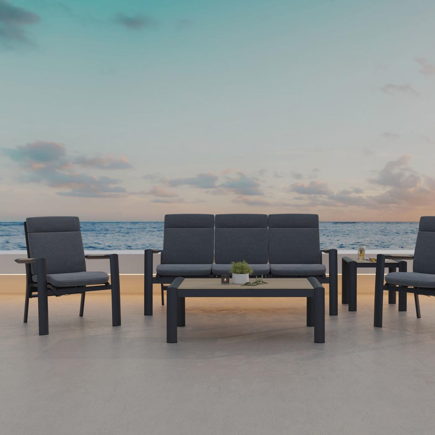 Capri 5-Piece grey aluminum outdoor conversation set with grey cushions, 1 three-seater sofa with adjustable backrest, 2 armchairs with adjustable backrest, 1 rectangle coffee table, 1 square side table, put in a deck- Jardina Furniture