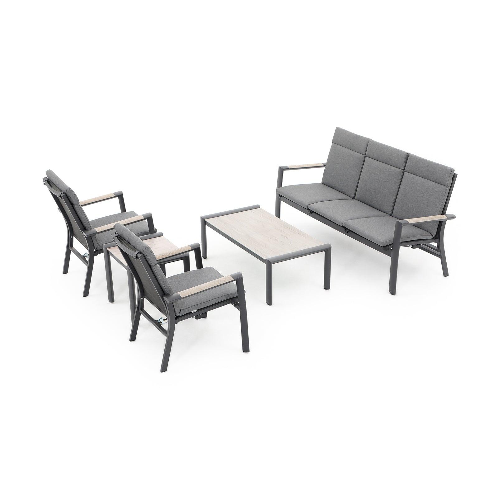 Capri 5-Piece grey aluminum outdoor conversation set with grey cushions, 1 three-seater sofa with adjustable backrest, 2 armchairs with adjustable backrest, 1 rectangle coffee table, 1 square side table - Jardina Furniture-1