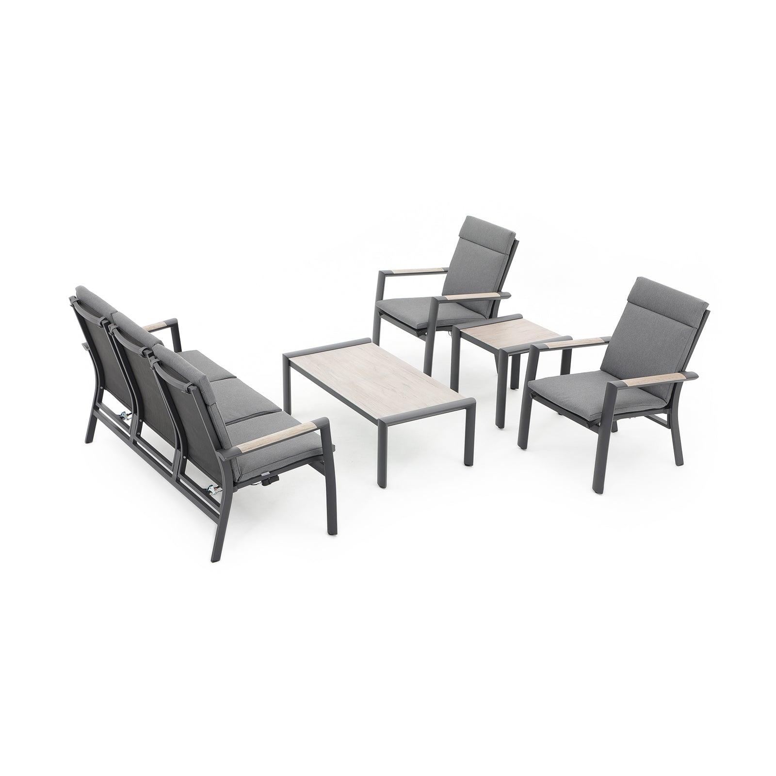 Capri 5-Piece grey aluminum outdoor conversation set with grey cushions, 1 three-seater sofa with adjustable backrest, 2 armchairs with adjustable backrest, 1 rectangle coffee table, 1 square side table - Jardina Furniture