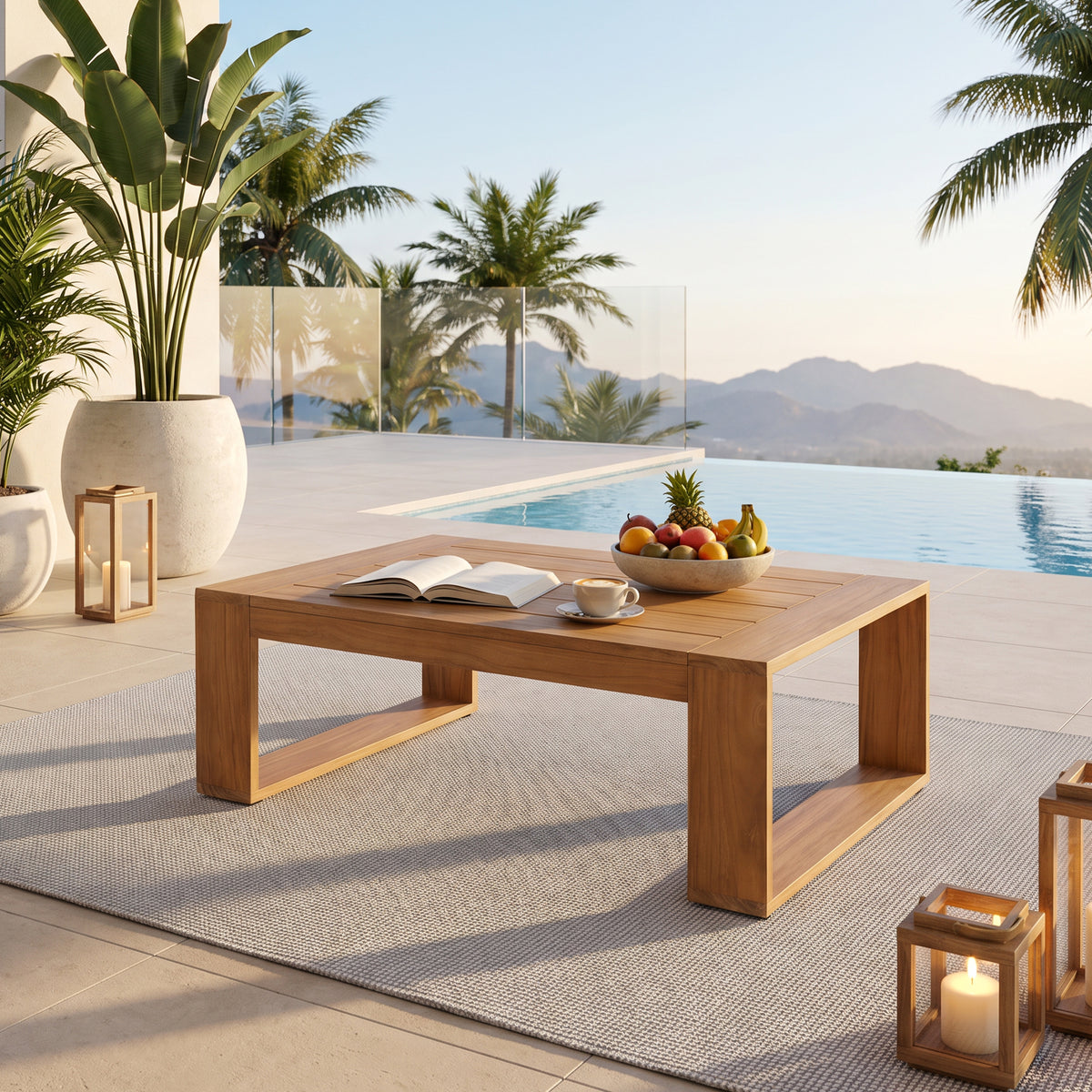 Braga FSC-Certified Solid Teak Slatted Outdoor Coffee Table, Rectangular Minimalist Patio Table