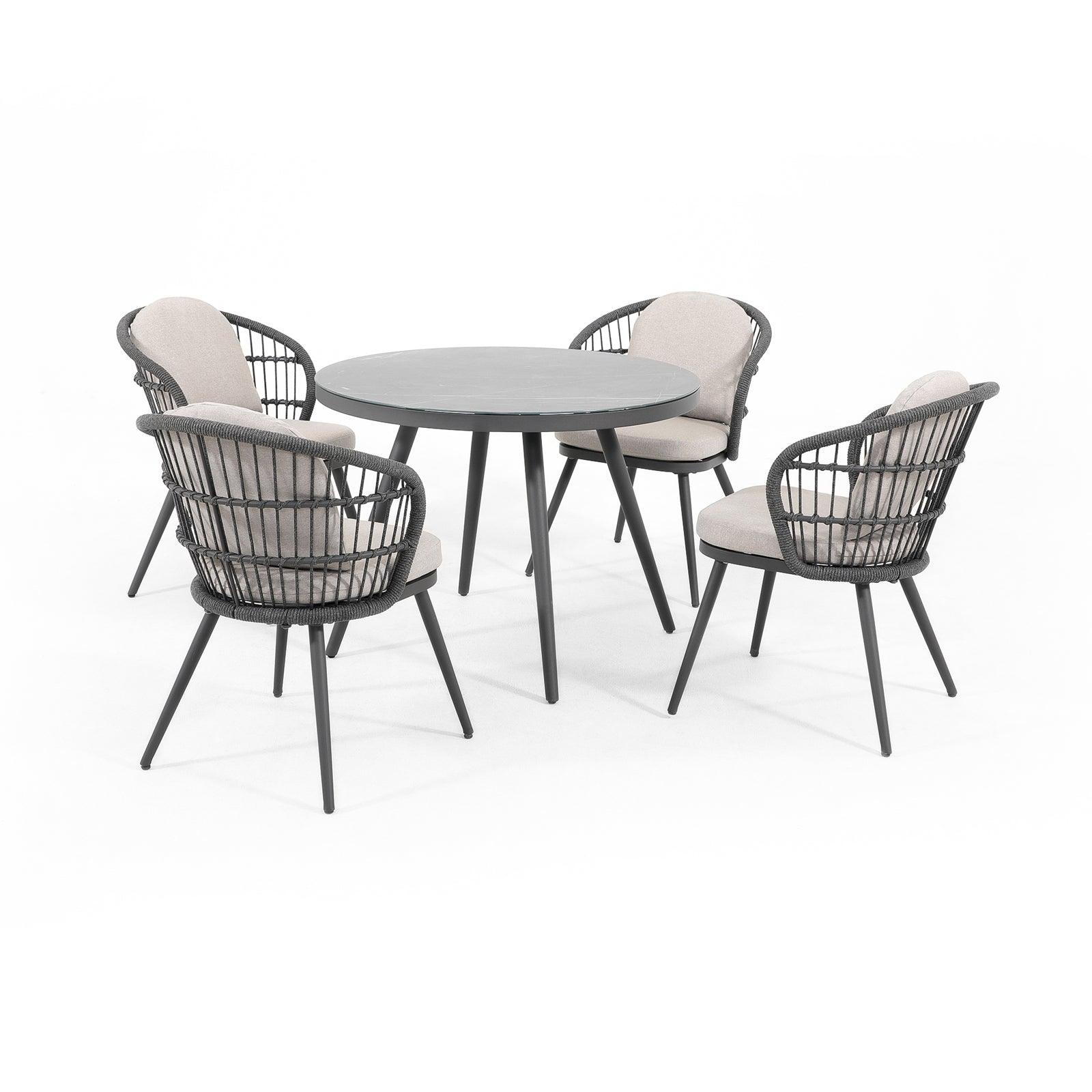 Comino Modern Rope Outdoor Furniture, dark grey outdoor Dining Set with aluminum frame, light grey cushions, 4 dining seats with rope design, 1 round dining table with glass top- Jardina Furniture