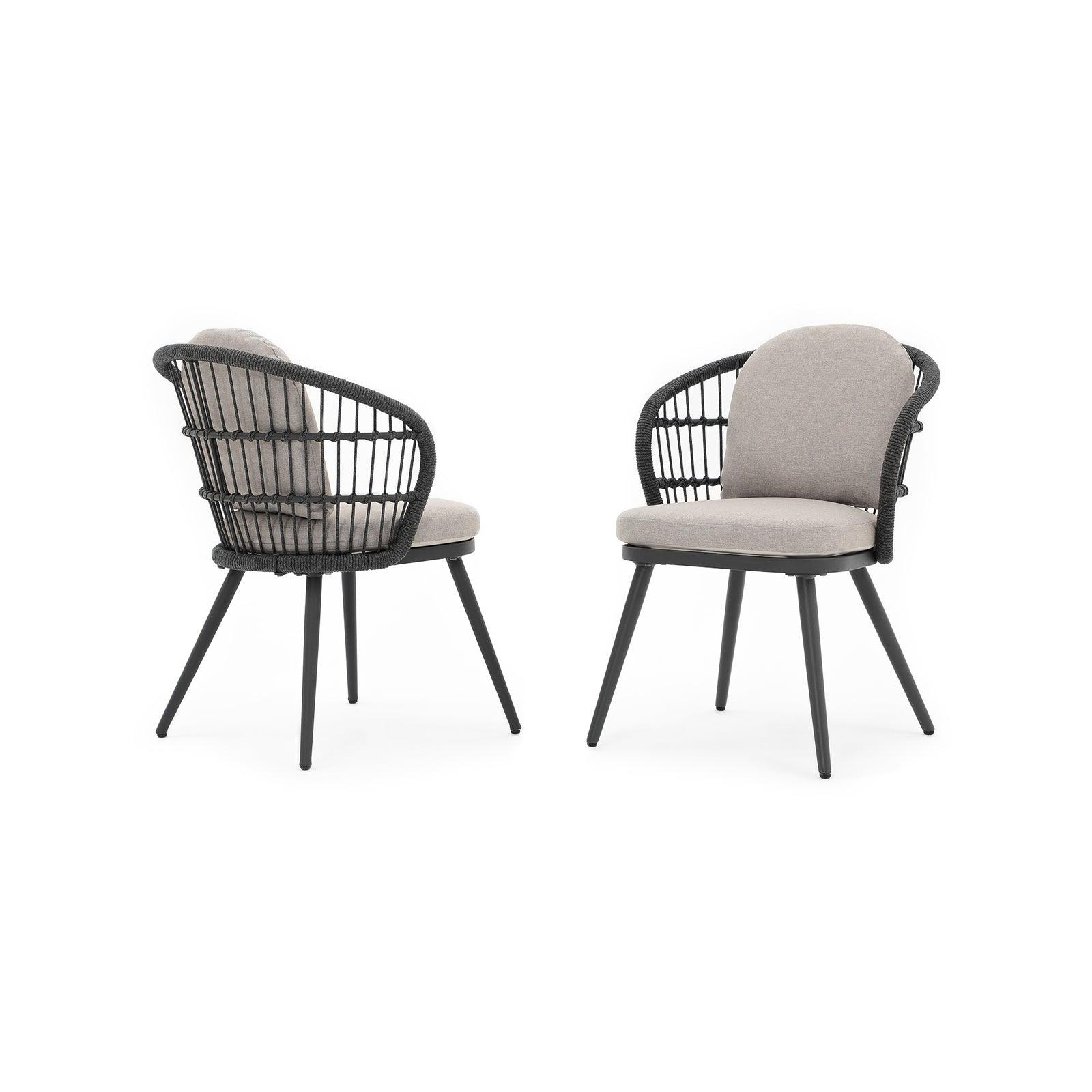 Comino Modern Rope Outdoor Furniture, 2-Piece dark grey aluminum frame dining chairs with backrest rope design and light grey cushions, side view - Jardina Furniture#Pieces_2-pc.