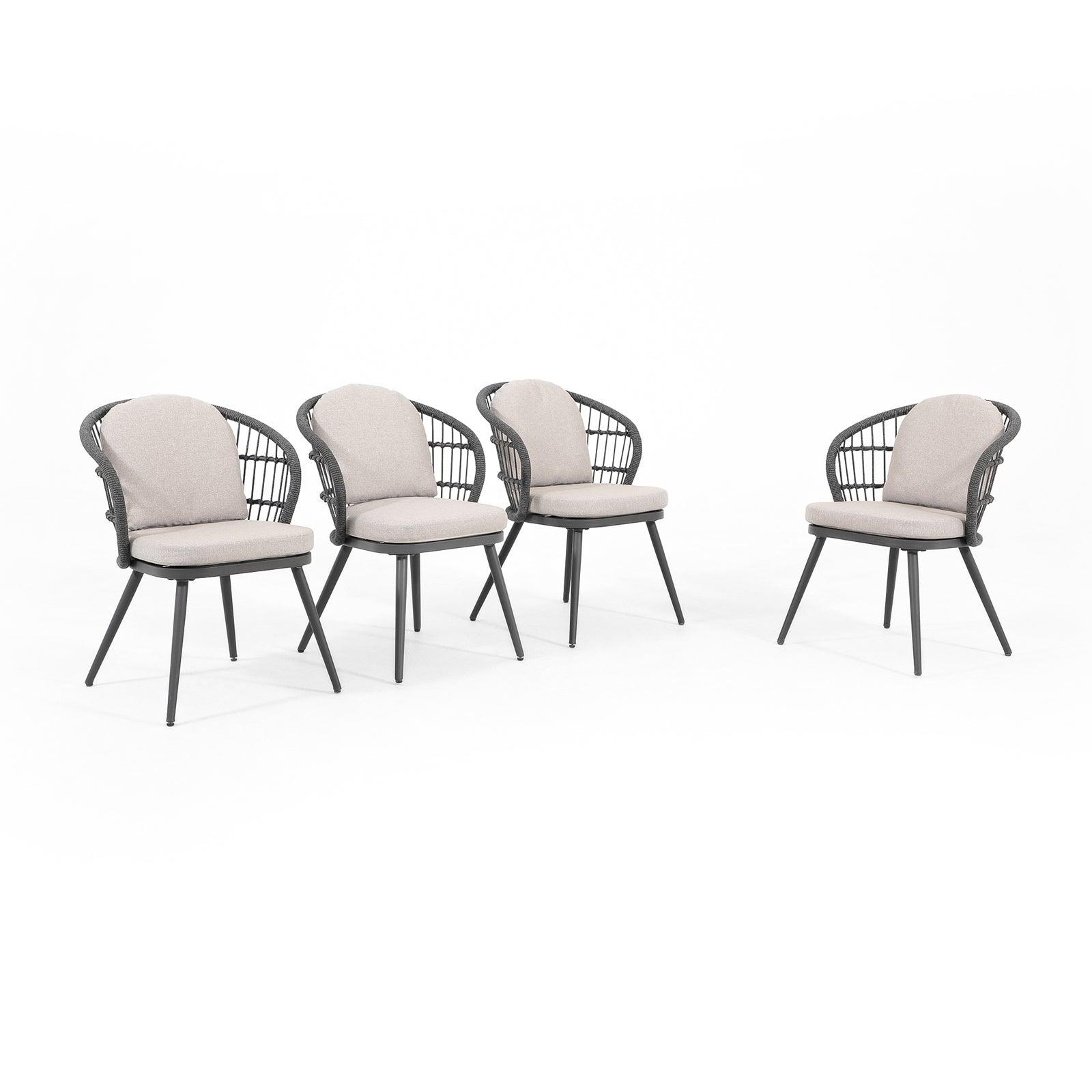 Comino 4pcs dark grey aluminum dining chairs with backrest rope design and light grey cushions, 3 for left view, 1 for right view- Jardina Furniture#Pieces_4-pc.