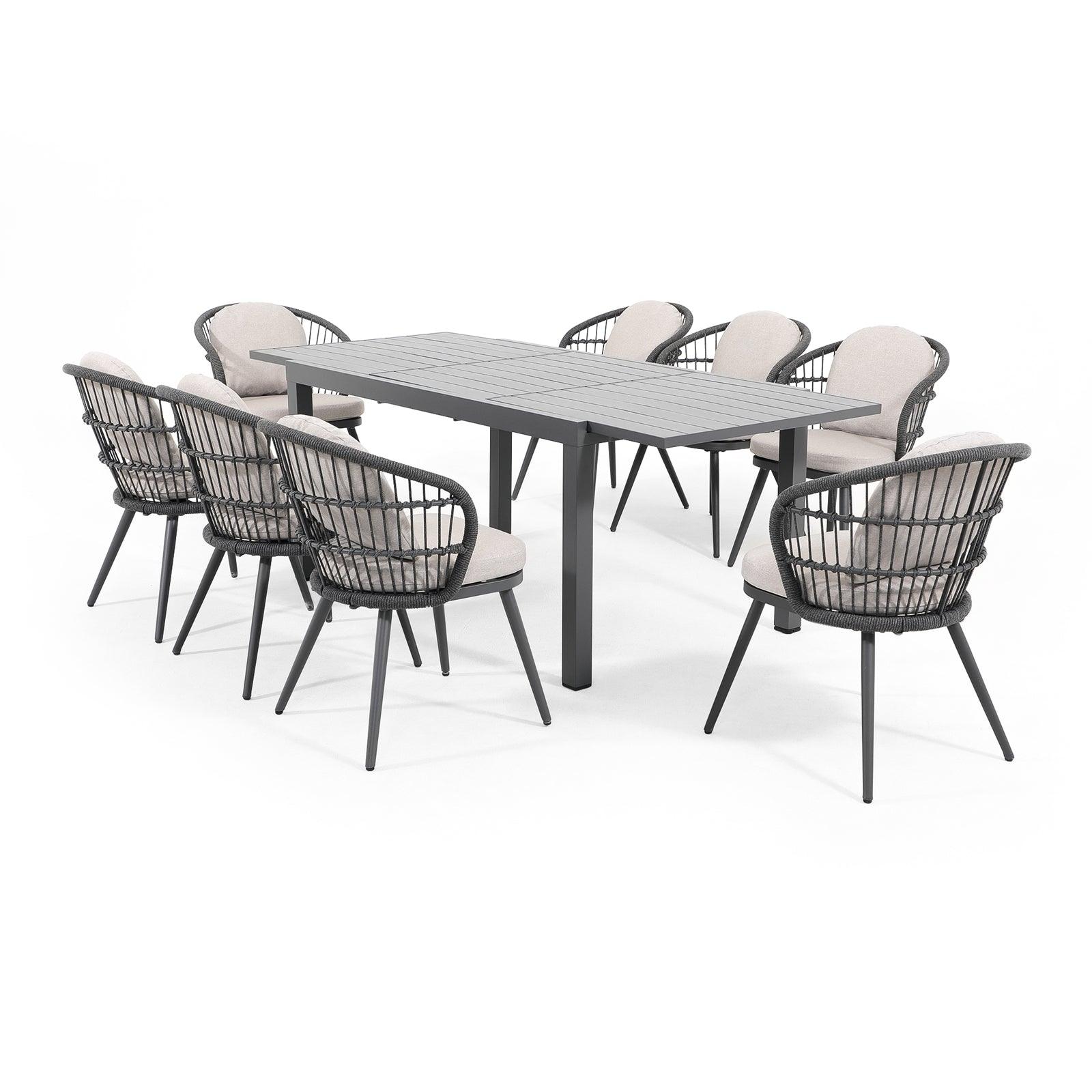 Comino Modern Rope Outdoor Furniture,  dark grey aluminum frame outdoor Dining Set for 8 with light grey cushions, 8 dining seats with backrest rope design, 1 extendable rectangle aluminum dining table - Jardina Furniture