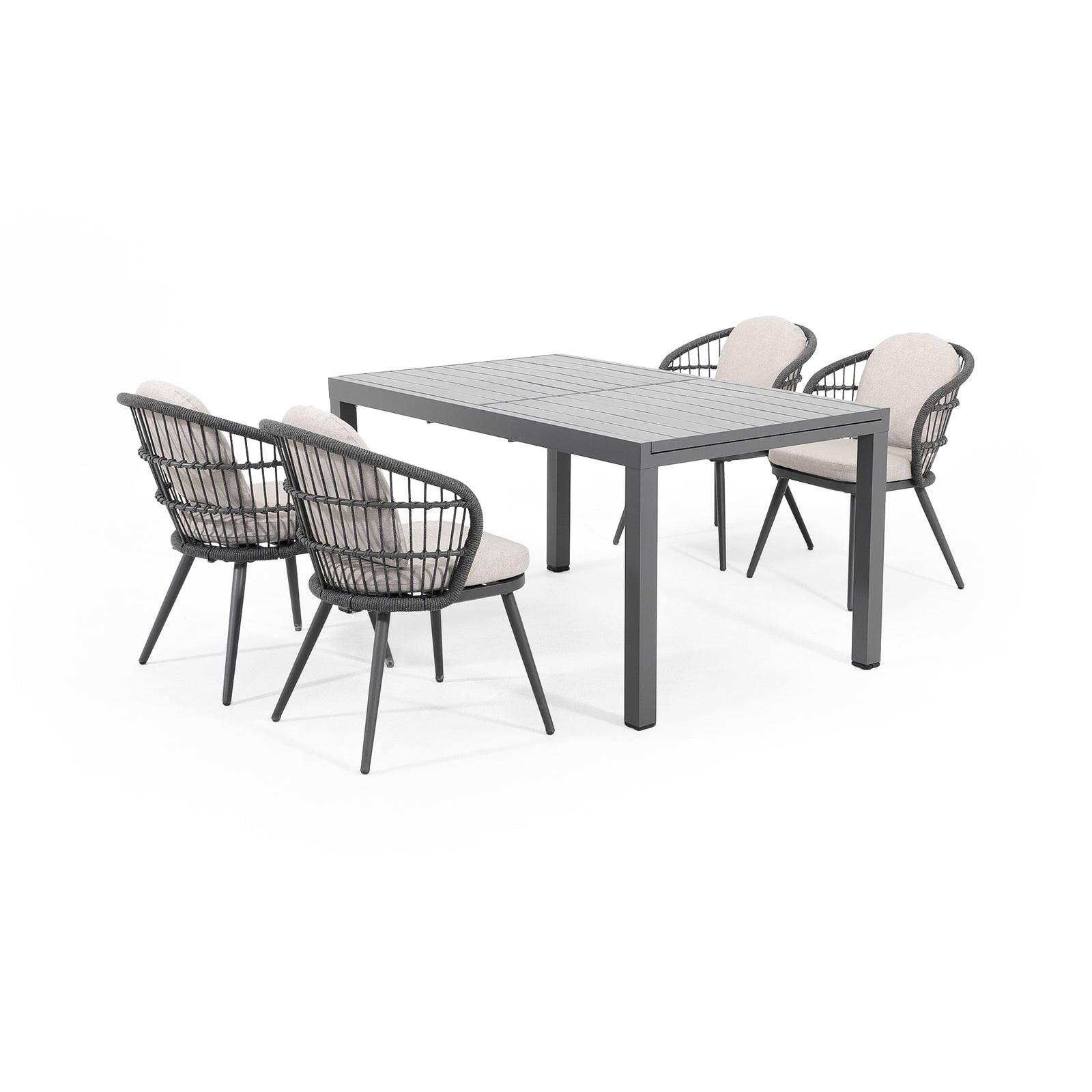 Comino dark grey aluminum outdoor Dining Set for 4 with light grey cushions, 4 dining seats with backrest rope design, 1 extendable rectangle aluminum dining table - Jardina Furniture