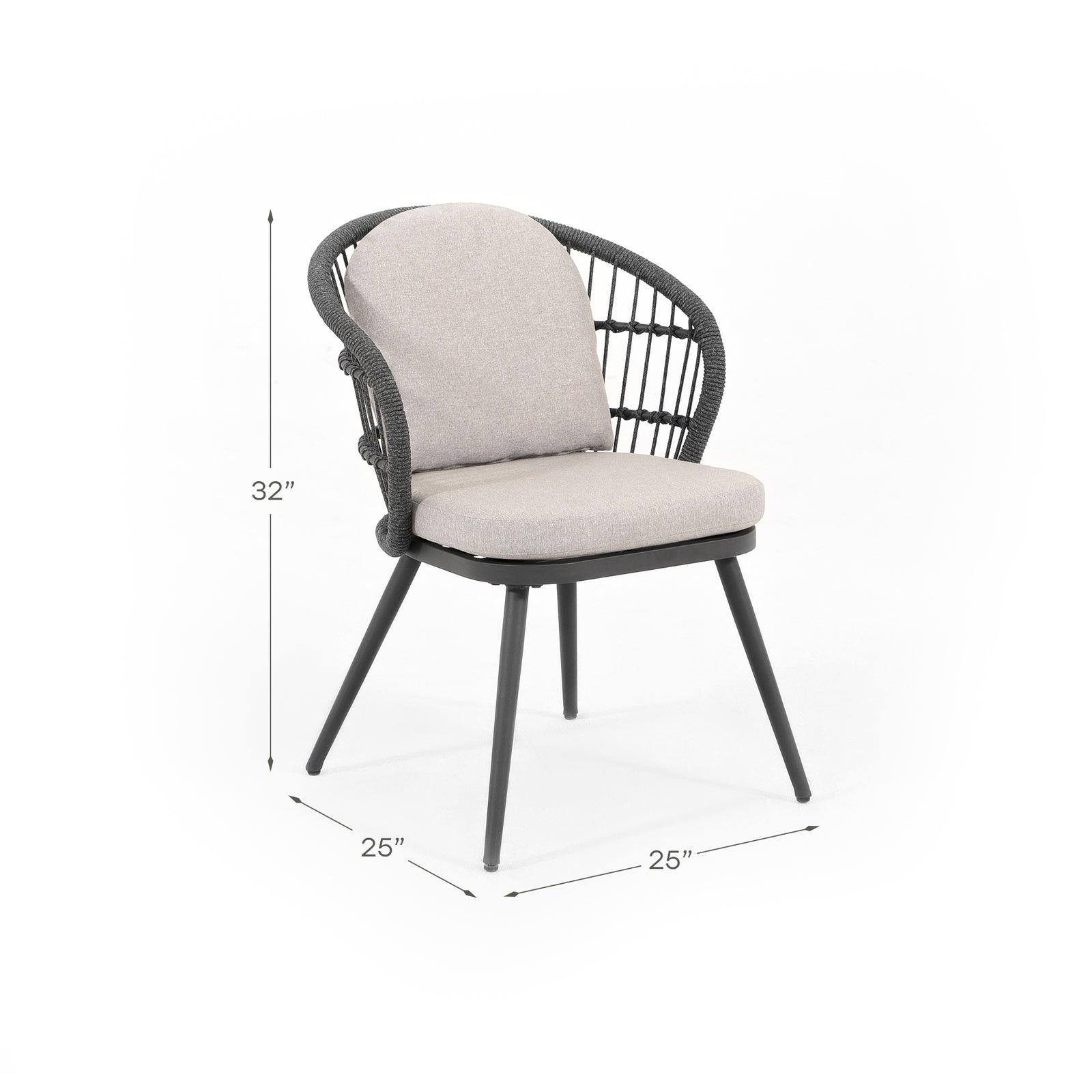 Comino dark grey aluminum frame dining chair with backrest rope design and light grey cushions, Dimension info- Jardina Furniture