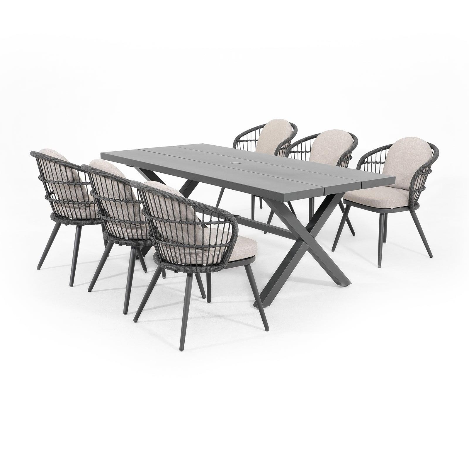 Comino dark grey aluminum outdoor Dining Set for 6 with light grey cushions, 6 dining chairs with backrest rope design, 1 rectangle aluminum dining table with x-shaped legs - Jardina Furniture