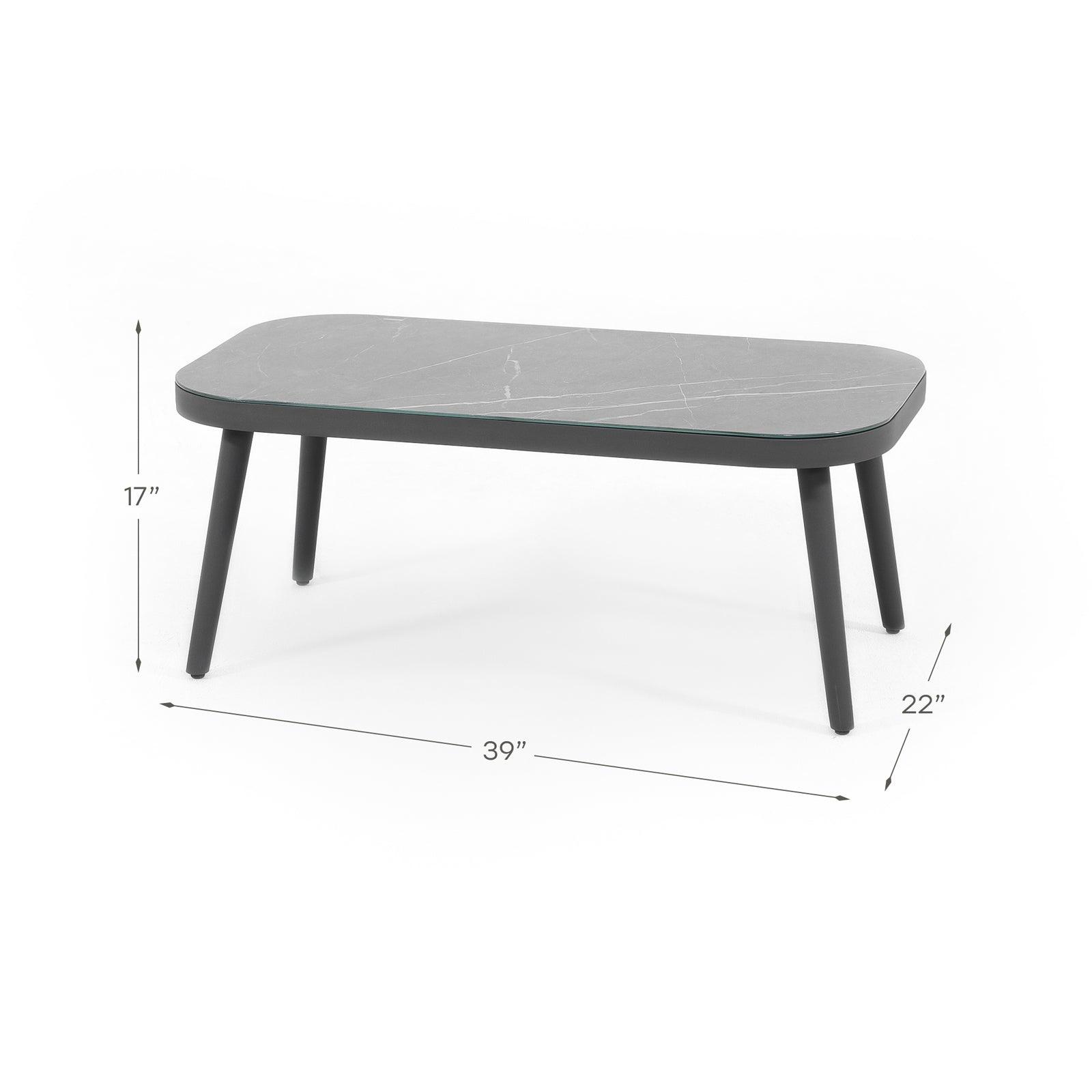 Comino dark grey glass Table-top Coffee Table with aluminum frame, side view, Dimension drawing - Jardina Furniture