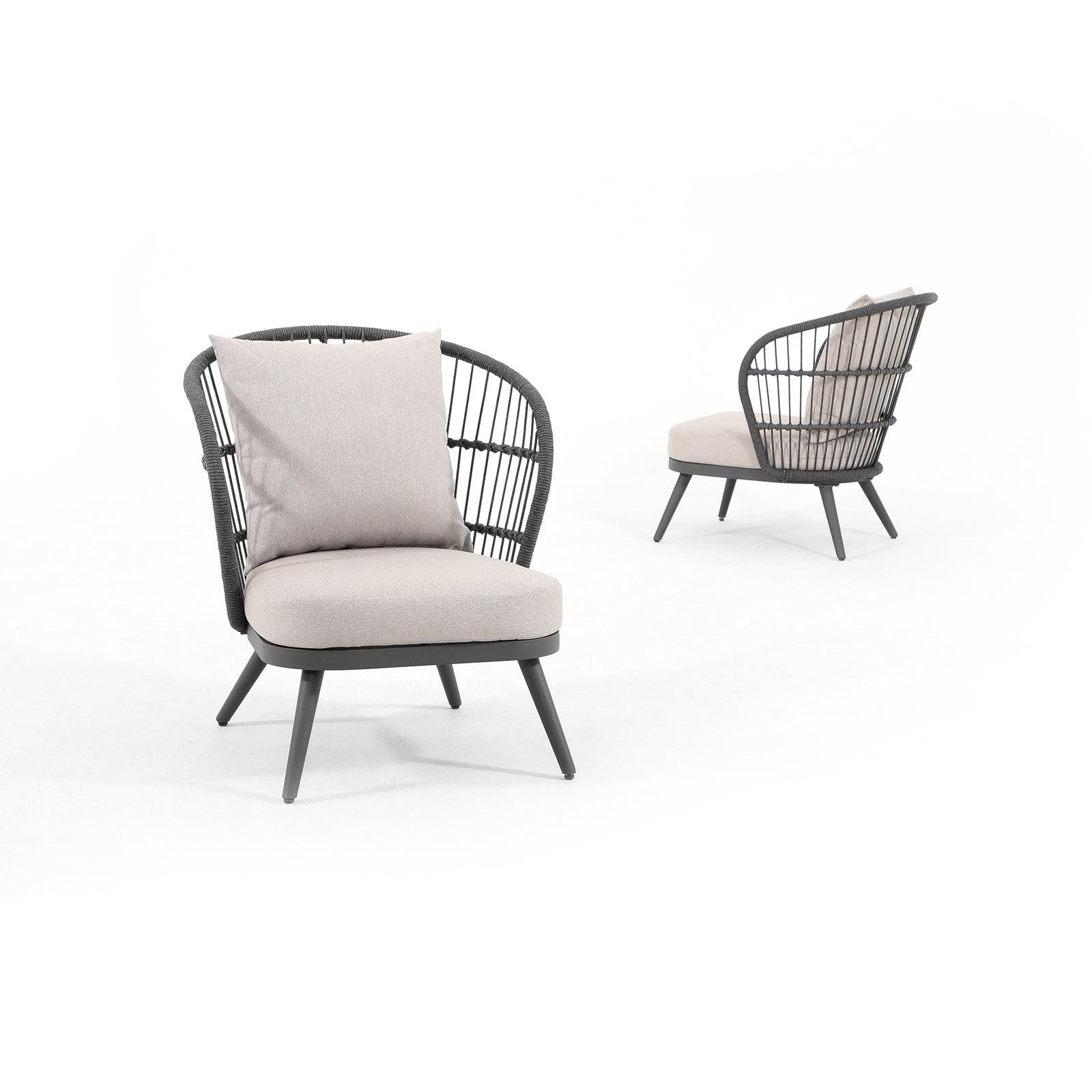 Comino dark grey rope chair with aluminum frame, light grey cushions, two different angles- Jardina Furniture