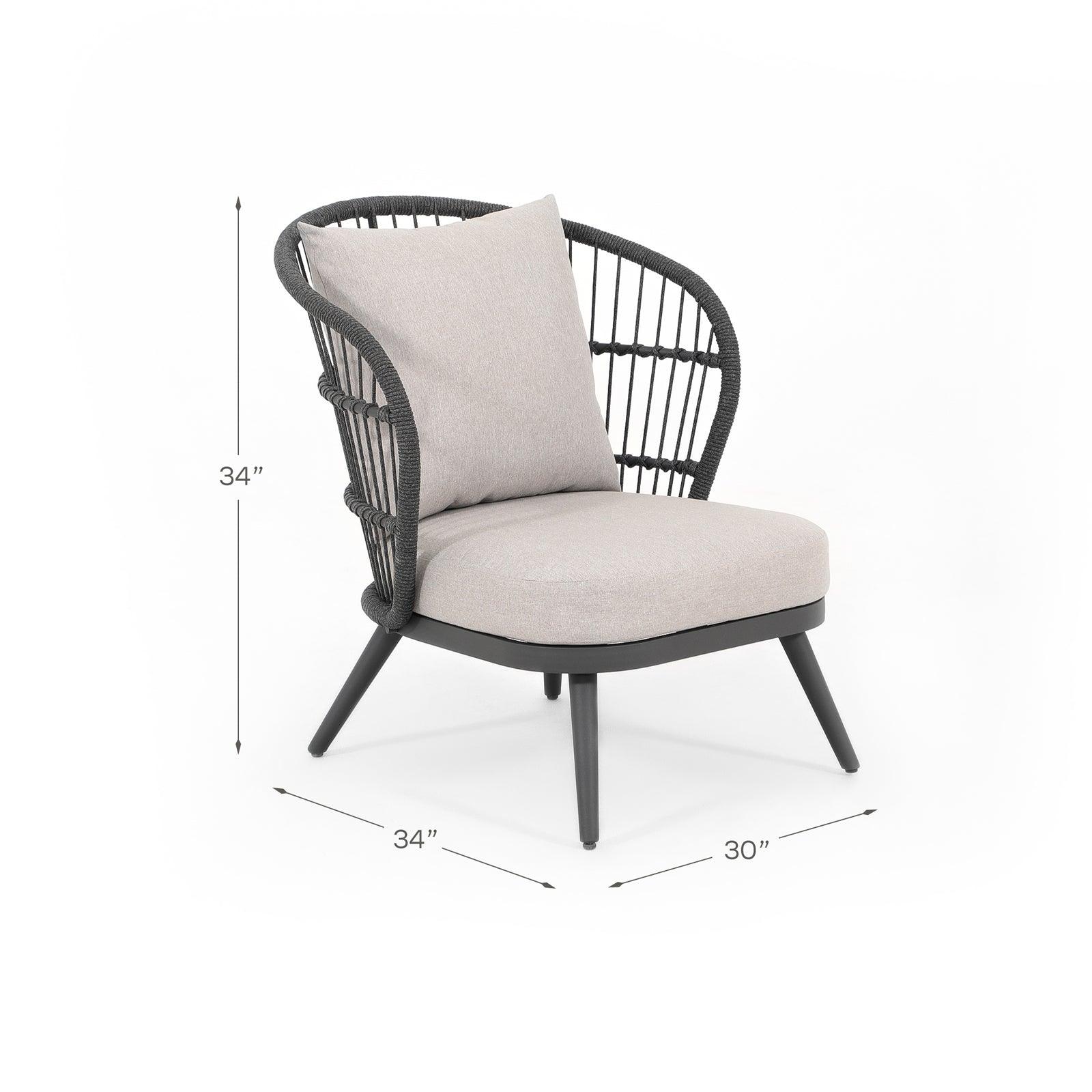 Comino dark grey rope chair with aluminum frame, light grey cushions, Dimension - Jardina Furniture