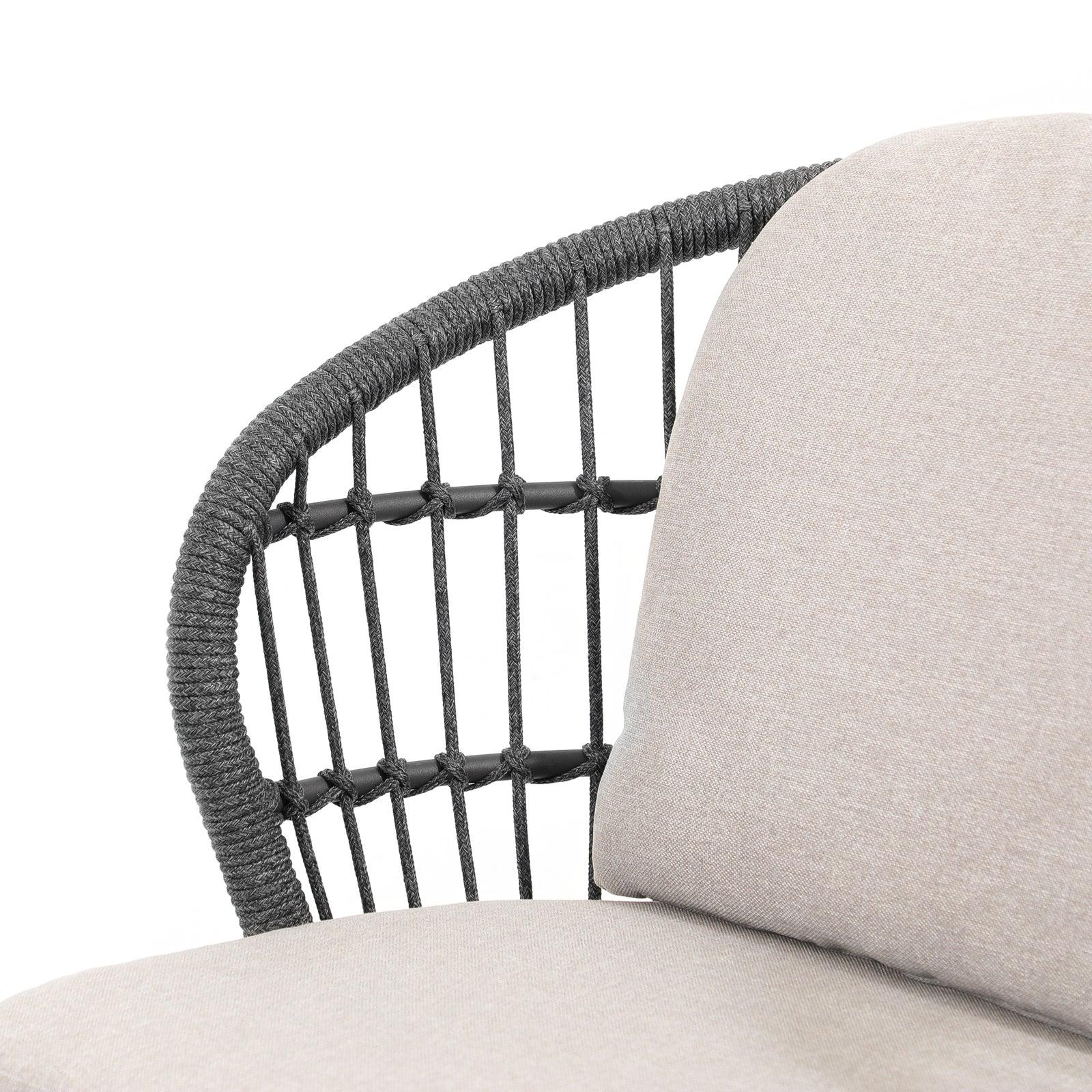 Comino dark grey rope chair with aluminum frame, light grey cushions, cushion detail - Jardina Furniture