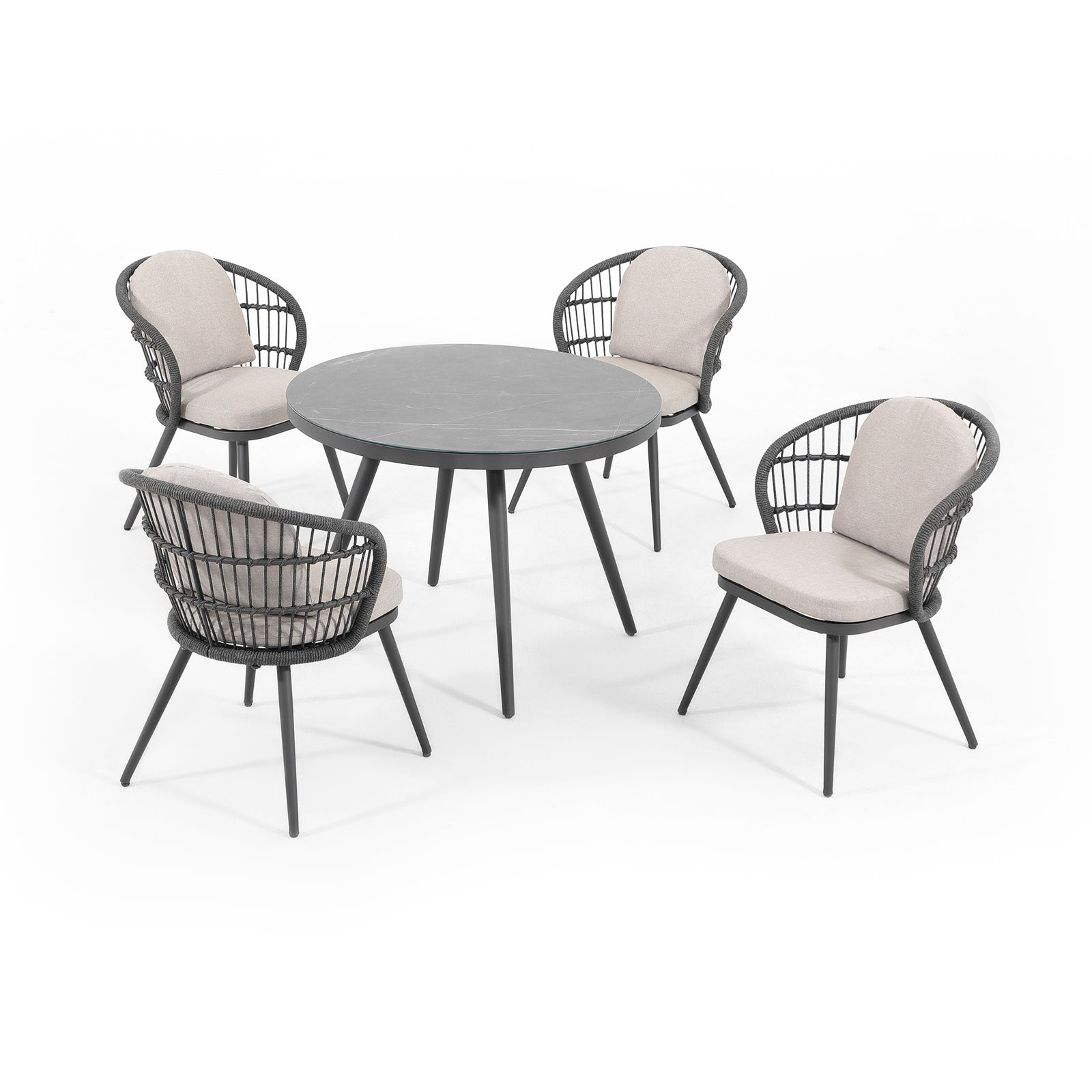Comino Modern Rope Outdoor Furniture, dark grey aluminum frame outdoor Dining Set with light grey cushions, 4 dining seats with rope design, 1 round dining table with glass top- Jardina Furniture